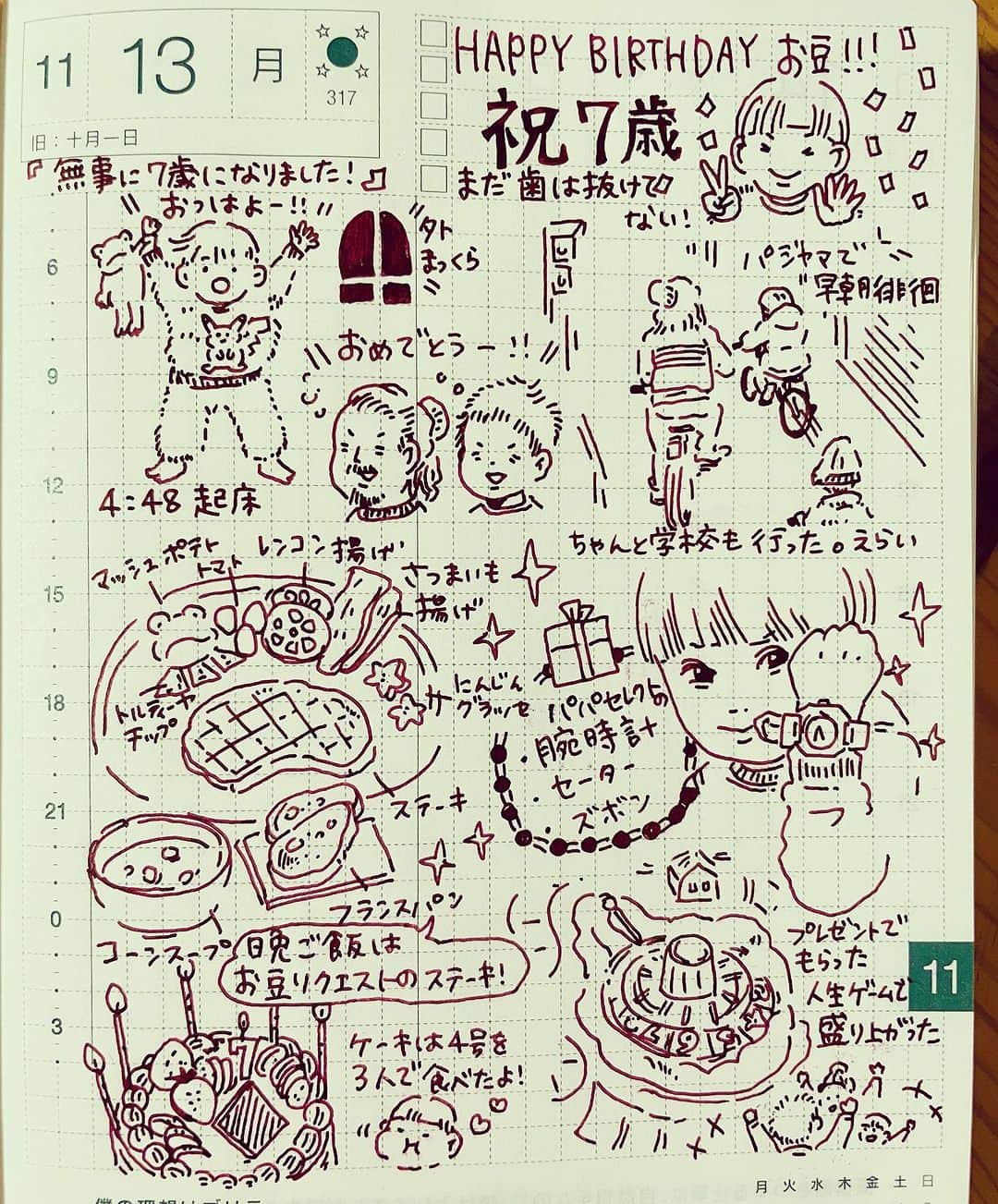 山川あかねのインスタグラム：「11/13   #誕生日  #人生ゲーム  #illustration  #イラスト  #万年筆  #ほぼ日手帳  #7歳」