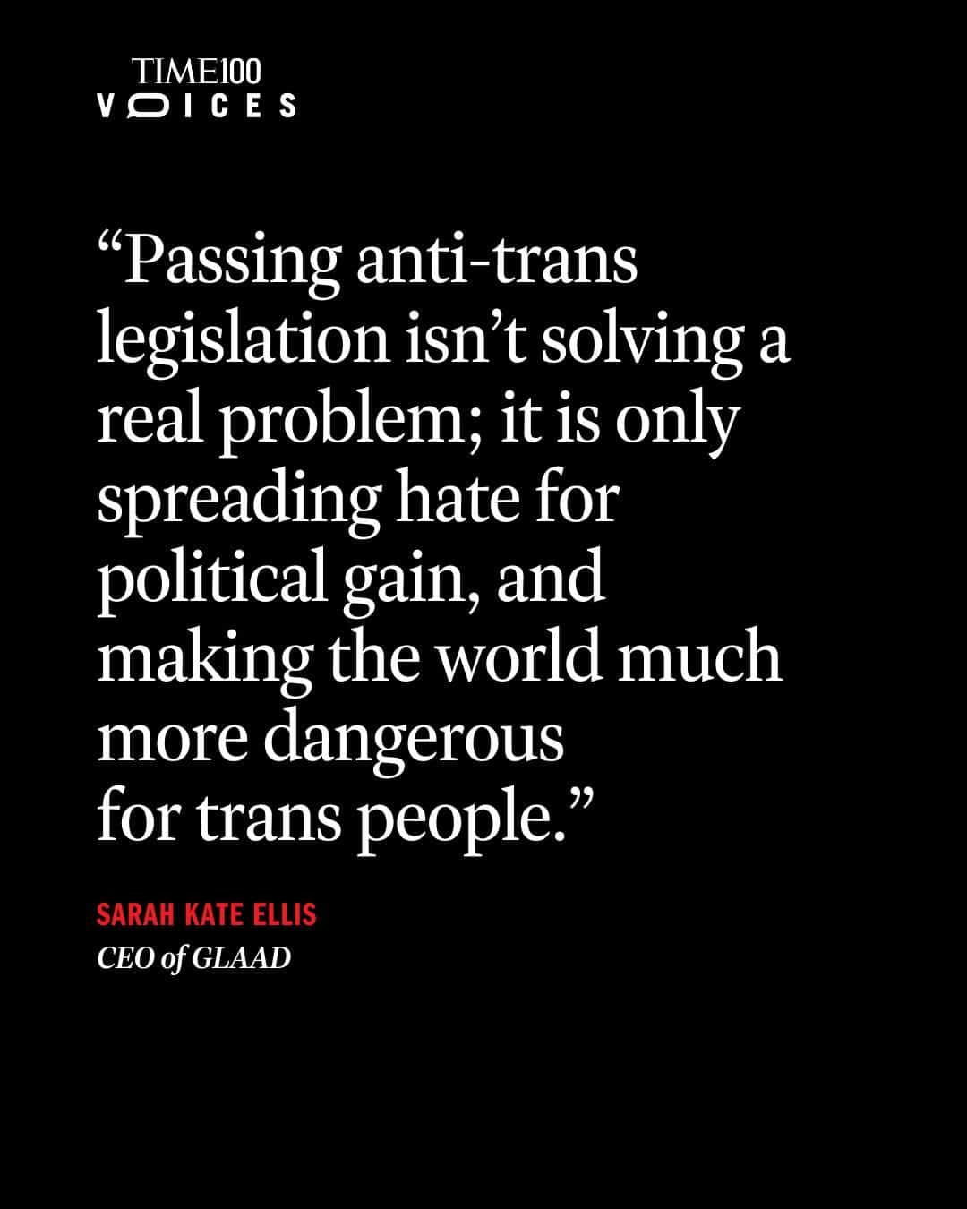 TIME Magazineのインスタグラム：「This week is #TransgenderAwarenessWeek, a time to learn about what it means to be transgender and the issues facing the trans community.  In an essay for TIME, @glaad CEO Sarah Kate Ellis explains why it enrages her that anti-trans hate is being spread under the guise of parental rights. "Our job as parents is to keep our kids safe, tend to their health and well-being, and ensure they receive the education they need to grow into happy, healthy, responsible adults," she writes. "For so many parents of trans youth, the toxic landscape makes it nearly impossible for them to fulfill those basic duties."  Read her full piece at the link in bio.」