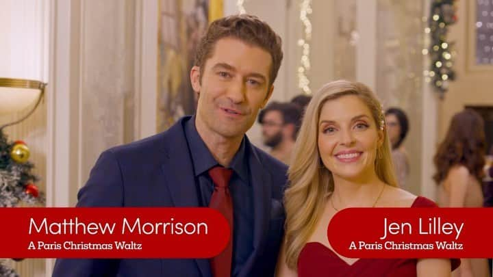 マシュー・モリソンのインスタグラム：「SNEAK PEEK! #AParisChristmasWaltz starring @jen_lilley & @matthewmorrison Premieres SUNDAY at 8/7c!   To find #GreatAmericanFamily viewing options, text CHRISTMAS to 877-999-1225   #GreatAmericanChristmas #WelcomeHome @therealmichaeldamian @janeendamian  GreatAmericanChristmas  #WelcomeHome #ChristmasMovies #FamilyTV #Faith #FamilyTime #Premieres 🎄」