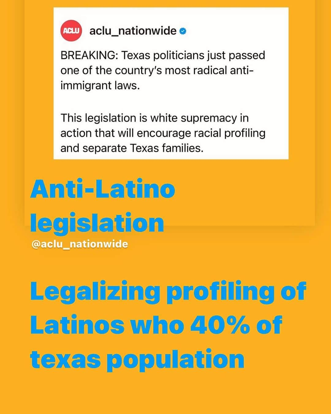 ジョン・レグイザモのインスタグラム：「Anti-Latino legislation put into law in Texas where we are the dominant culture!  They can profile us and ask for papers and separate families!  Sickening!」