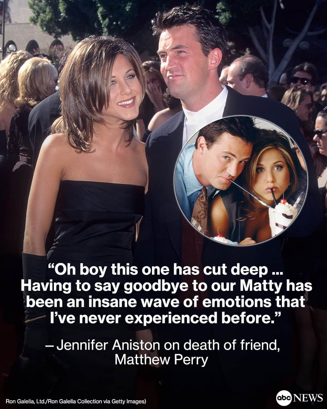 ABC Newsのインスタグラム：「"He made all of us laugh. And laugh hard. In the last couple weeks, I’ve been pouring over our texts to one another. Laughing and crying then laughing again. I’ll keep them forever and ever."  Jennifer Aniston shared an emotional tribute on Instagram to her late "Friends" co-star, Matthew Perry, who died back on Oct. 28.  She ended the post with, "Matty, I love you so much and I know you are now completely at peace and out of any pain. I talk to you every day… sometimes I can almost hear you saying 'could you BE any crazier?'”」
