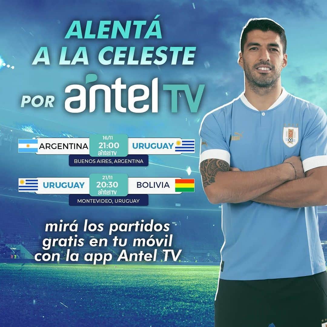 ルイス・アルベルト・スアレスのインスタグラム：「Alentá a La Celeste con Antel TV y mirá los demás partidos de las Eliminatorias.   Vamos Uruguay! 🇺🇾  @anteldetodos」
