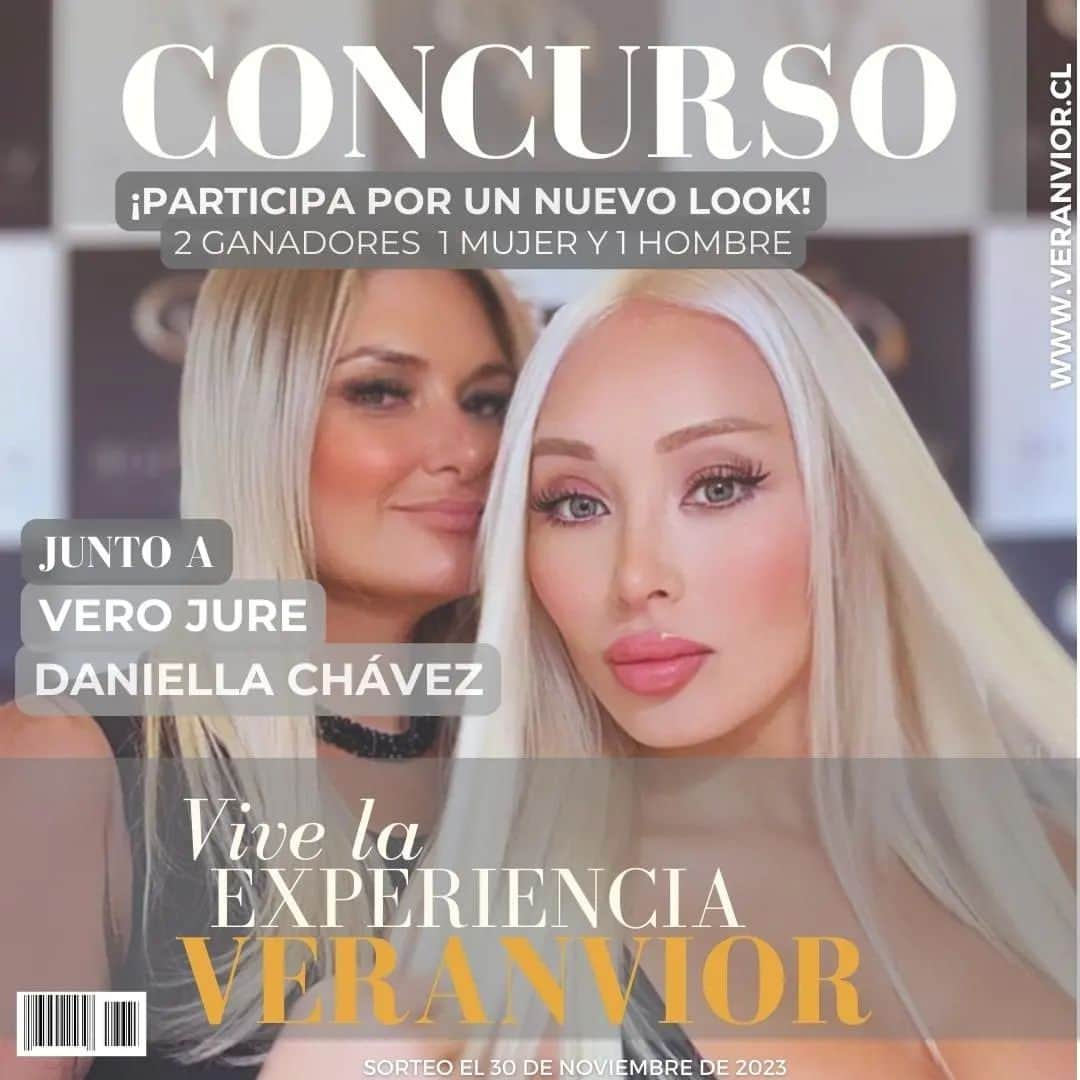 ダニエラ・チャベスのインスタグラム：「🥳 CONCURSO 🥳 ¡Vive la experiencia Veranvior junto a Daniella Chávez! ✨ ¡Participa y gana un nuevo look! Tendremos 2 ganadores, un hombre y una mujer. Queremos que se sientan renovados y que vivan el día más top junto a @DaniellaChavezOfficial y todo nuestro staff. El premio incluye: asesoría de imagen, lavado, corte (opcional), baño de color (opcional), masaje capilar, brushing y manicure soft gel permanente (opcional) 🤩💖  Para participar sólo debes: ✅ Seguir a las siguientes cuentas: @PeluqueriaVeranvior, @DaniellaChavezOfficial y @AlvaroNailsCL  ✅ Darle like a esta publicación ✅ Etiquetar a 3 amigas ✅ Compartir esta publicación en tus historias usando el hashtag #ViveLaExperienciaVeranvior   📌 No incluye: decoloraciones ni extensiones de cabello.   *Válido desde el 15 de noviembre hasta el 30 de noviembre de 2023*  #ActitudVeranvior #SalonDeBelleza #ProfesionalesDeLaBelleza #Santiago #RubiasPerfectas」