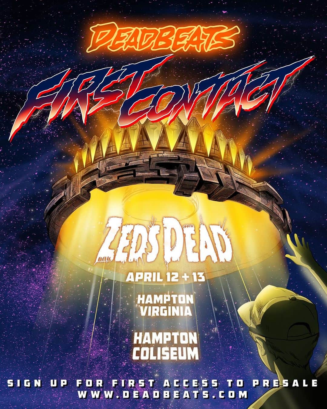 Zeds Deadのインスタグラム：「Insanely excited to announce FIRST CONTACT at the Hampton Coliseum. We’re designing the show, production, and experience specifically for this legendary space…and we’ve got a special lineup curated top to the bottom each day that just might be the most wild one we’ve ever put together. With 2 nights and 2 sets from us to take you on the journey of a lifetime each night. We cannot wait to share this experience with you all. Sign up now for first access to tickets, we hope you all enjoy the trip!」