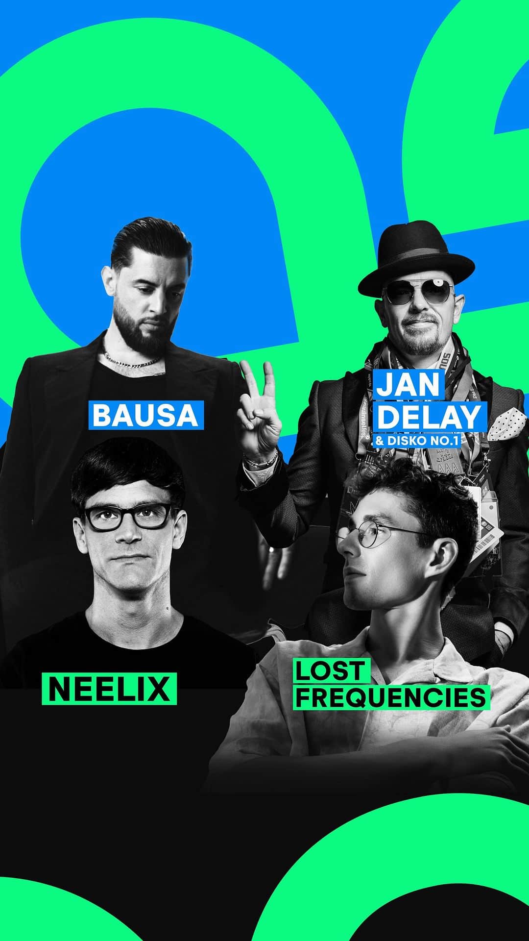 ルーカス・ポドルスキのインスタグラム：「Das sind die nächsten vier Acts auf dem GLÜCKSGEFÜHLE Festival 2024🥳 Wen dürft ihr auf keinen Fall verpassen?💚 Wir releasen ab jetzt jede Woche neue Acts aus unserem Line Up 2024! Es bleibt also spannend🙌🏻   #glücksgefühlefestival2024 #glücksgefühlefestival#ggfestival #hockenheimring #glücksgefühle #lineup #bausa #neelix #losfrequencies #jandelay」