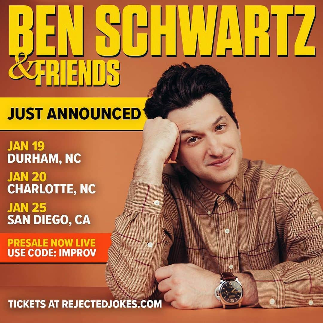 ベン・シュワルツのインスタグラム：「🚨DURHAM, CHARLOTTE & SAN DIEGO! I’m coming to your beautiful cities to perform long form improv comedy!🚨  Pre sale tickets JUST went on sale! Use the code IMPROV. Tickets at RejectedJokes.com. Excited to go to North Carolina for the first time. And to see what San Diego is like when there isn’t a Comic Con. See you so soon!」