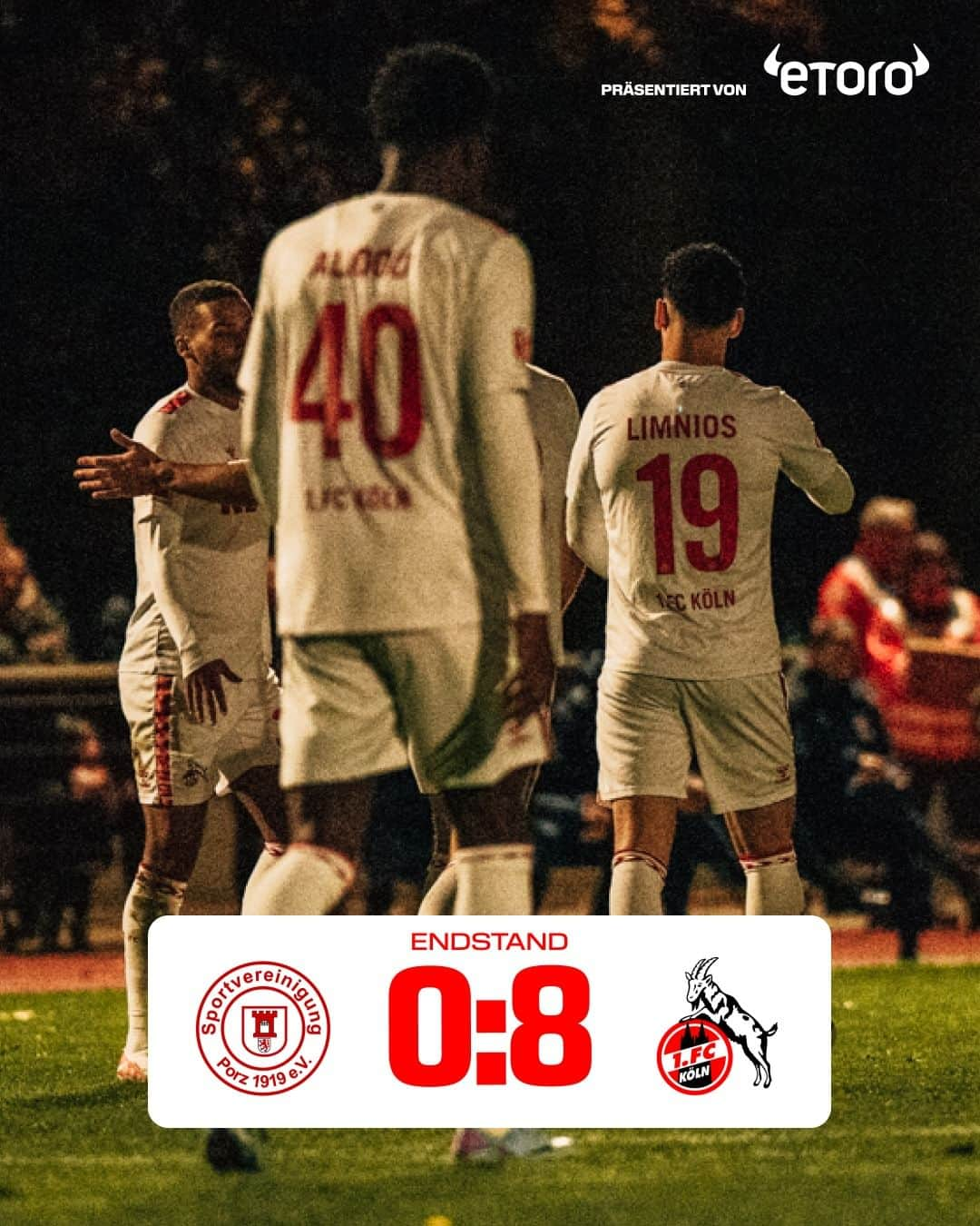 1.FCケルンのインスタグラム：「Schlusspfiff. Der 1. FC Köln gewinnt sein Testspiel in der Länderspielpause gegen den Fünftligisten SpVg. Porz 1919 mit 8:0. 💪  ⚽ 1:0 (3.): Dimitris Limnios ⚽ 2:0 (10.): Linton Maina ⚽⚽ 3:0, 4:0 (35., 41.): Denis Huseinbasic ⚽ 5:0 (59): Max Finkgräfe ⚽ 6:0 (80.): Luca Waldschmidt ⚽⚽ 7:0, 8:0 (82., 88.): Steffen Tigges _____  0:8 (90.) #PorzKOE #effzeh」