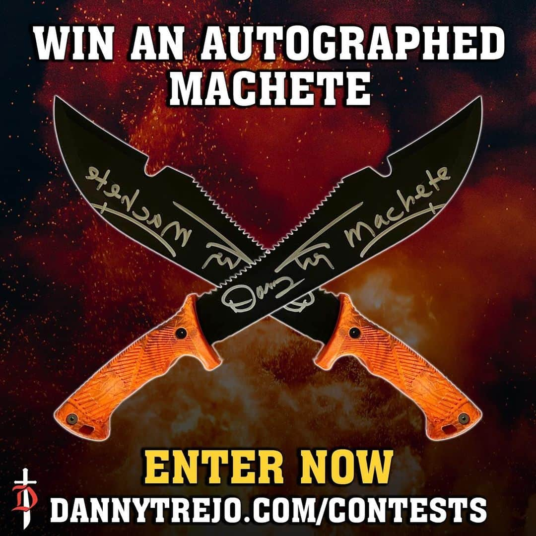 ダニー・トレホのインスタグラム：「Machete don’t joke, 3 Lucky winners will win an Autographed Machete this holiday season by joining Trejo’s Machete Holiday Giveaway! There are many ways to gain entries. Good Luck everyone! Enter Here: *Link in Bio*  *Giveaway Winners will be selected Jan 1st 2024 *Must be 18+ to Enter  #dannytrejo #machete #giveaway #holidays  This is in no way sponsored, administered, or associated with Meta Platforms, Inc. By entering, entrants confirm they are 18+ years of age, release Instagram of responsibility, and agree to Instagram’s term of use.」