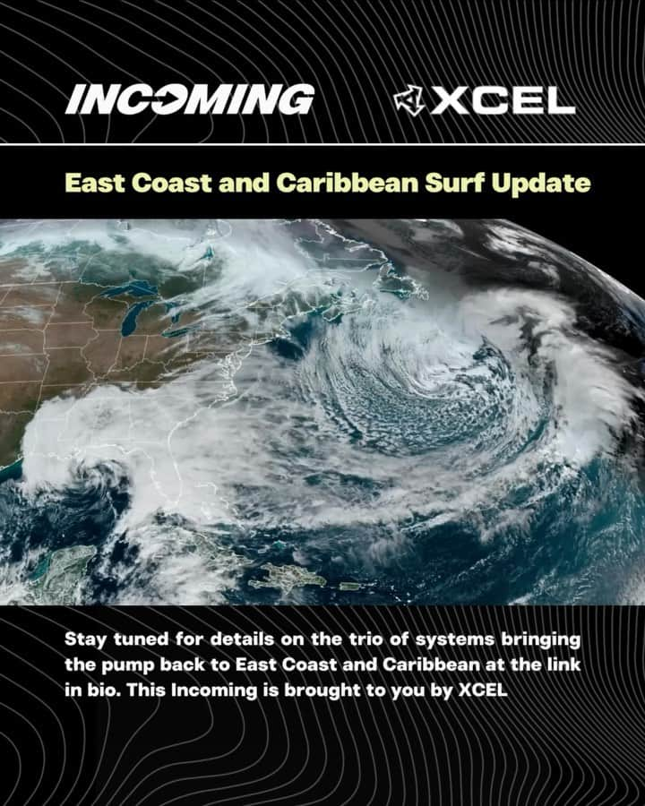 surflineのインスタグラム：「Incoming…   •Large Central Atlantic storm sends swell to Northeast U.S., Caribbean.  •Low pressure strengthens off Florida, tracks up the East Coast.  •Conditions improve from Florida to Maine as swell spreads up the coast.   More forecast info courtesy of @xcelwetsuits at the link in bio.」