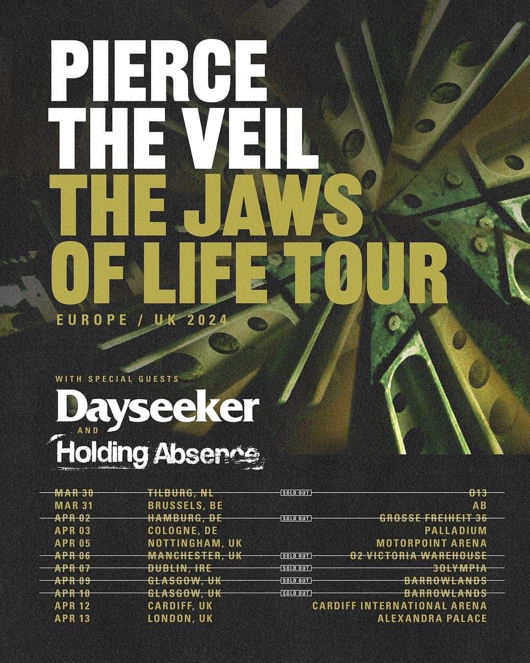 ピアス・ザ・ヴェイルのインスタグラム：「Glasgow (night two) is now sold out for The Jaws of Life Tour UK/Europe. Brussels, tickets are running low so get yours now. Finally, we are thrilled to announce @holdingabsence will be joining us on tour. We cannot wait to see you all next year.」