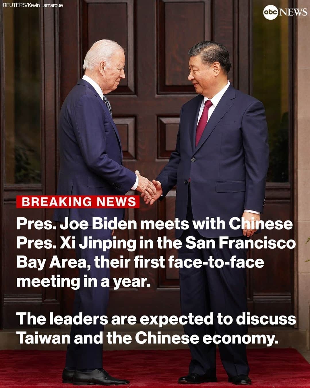 ABC Newsのインスタグラム：「BREAKING: Pres. Joe Biden and China's Pres. Xi Jinping are holding their first face-face meeting in more than a year amid tensions in the U.S.-China relationship.  With the delegations seated around a large conference table, Biden said, "I value our conversation because I think it's paramount that you understand each other clearly leader-to-leader with no misconceptions or miscommunication."  "Turning our back on each other is not an option," Xi told Biden in return, according to translation. "I look forward to to an in-depth exchange of views."  The latest is at the link in bio.」