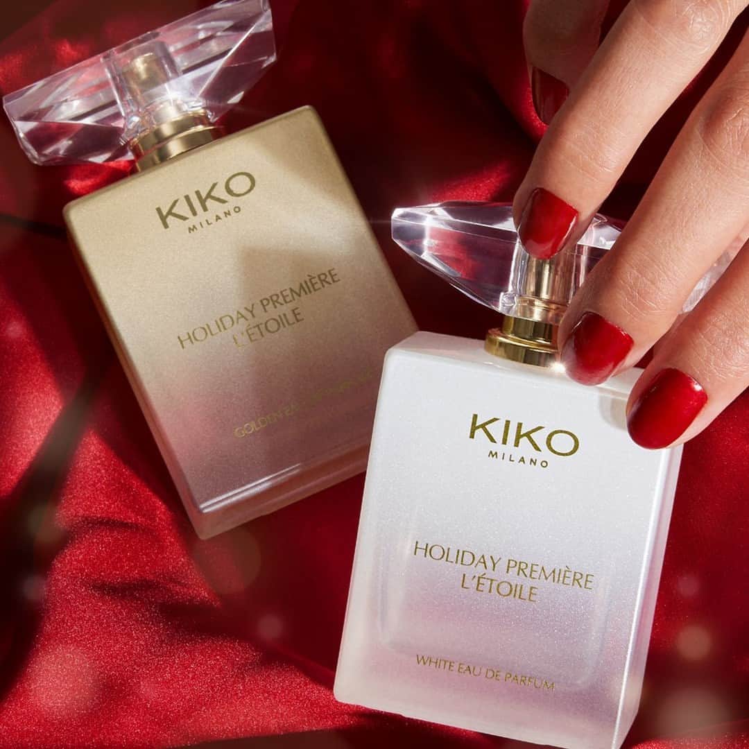 KIKO MILANOのインスタグラム：「Get enveloped in these new #KIKOHolidayPremiere luxurious fragrances! 🤩⁣ 🌟 L’étoile Golden Eau De Parfum has citrusy notes and smoky accents ⁣ 🌟 L’étoile White Eau De Parfum is enfused with a tropical blend of coconut and plum ⁣ Which one will be your Holiday signature scent?⁣ ⁣ Eau De Parfum Etoile White, Etoile Golden - Metallic Nail Lacquer 03⁣」