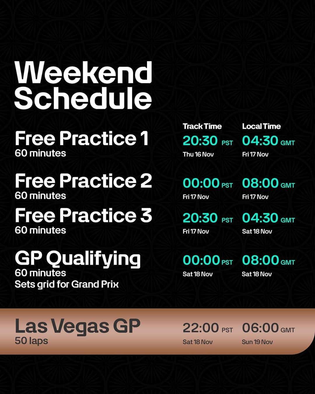 MERCEDES AMG PETRONASのインスタグラム：「All the timings you need to know for the #LasVegasGP, so you don't miss a thing! 💪  Link in bio for more info about this weekend’s race. 🔗」