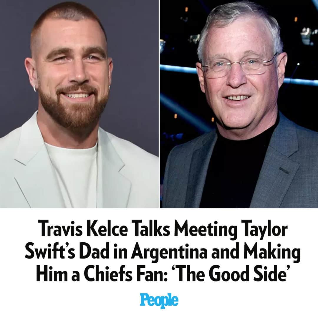 People Magazineのインスタグラム：「Travis Kelce is winning over the entire Swift family — not just Taylor! During his weekend trip to Buenos Aires, Argentina to see the singer and watch her perform, Kelce met her dad, Scott Swift, for the first time and told his brother, Jason Kelce, all about how things went on their podcast.   Jason, a center for the Eagles (and where the Swift family’s prior allegiance has been), asked Swift's dad: “You’re gonna let this man’s devilishly good looks and relationship with your daughter sway you from a lifetime of fandom, Scott? This is ridiculous.” 😂 For more, tap the link in bio.   📷: Getty (2)」