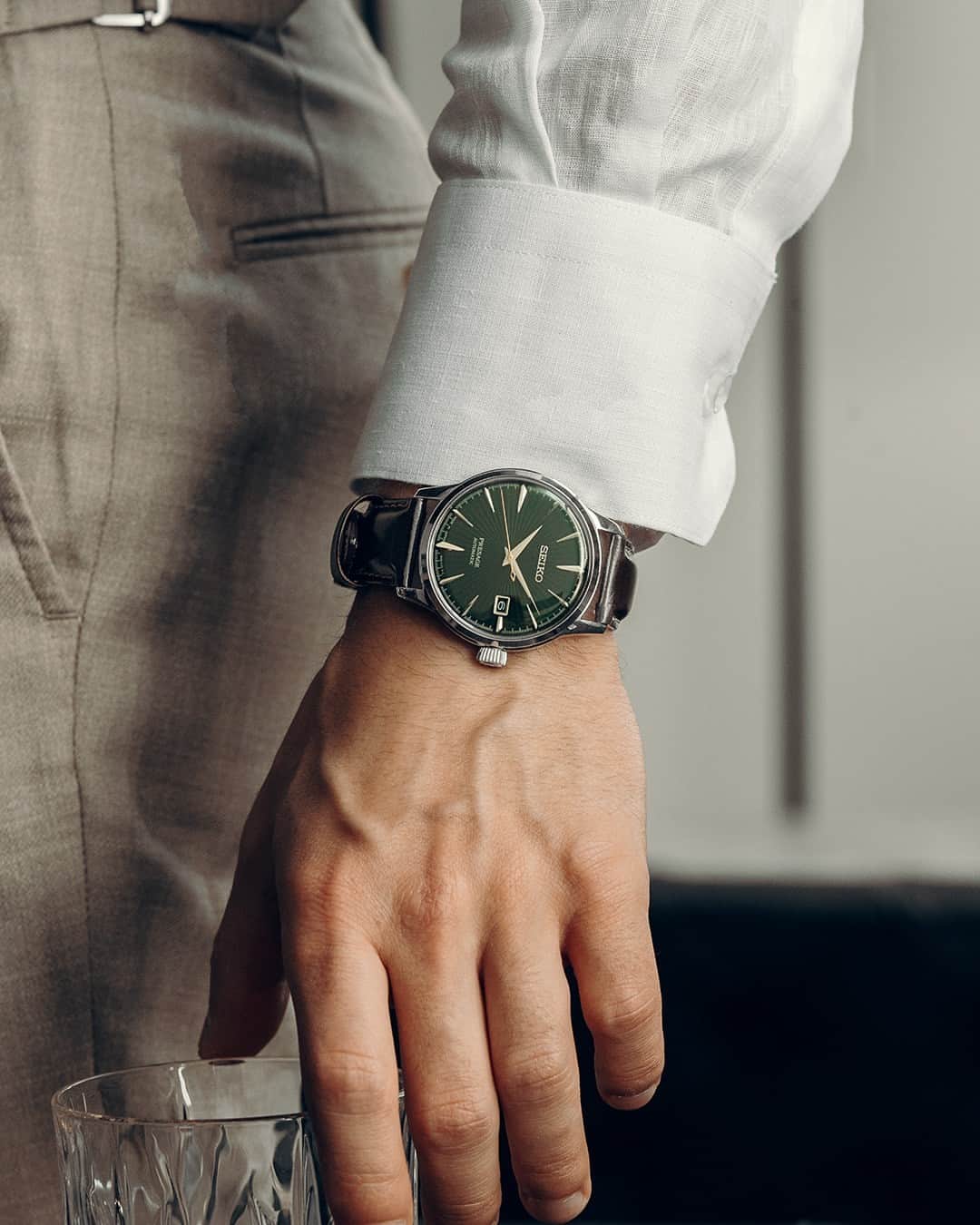 Seiko Watchesのインスタグラム：「What Timepiece Are You Sporting This Holiday Season?  - Mix sophistication and style with Presage Cocktail Time! Featuring a rich green pressed pattern dial, accented by a gold second hand and paired with a brown leather strap, #SRPD37 will make your accessory game the talk of this holiday season.  #Seiko #Presage」