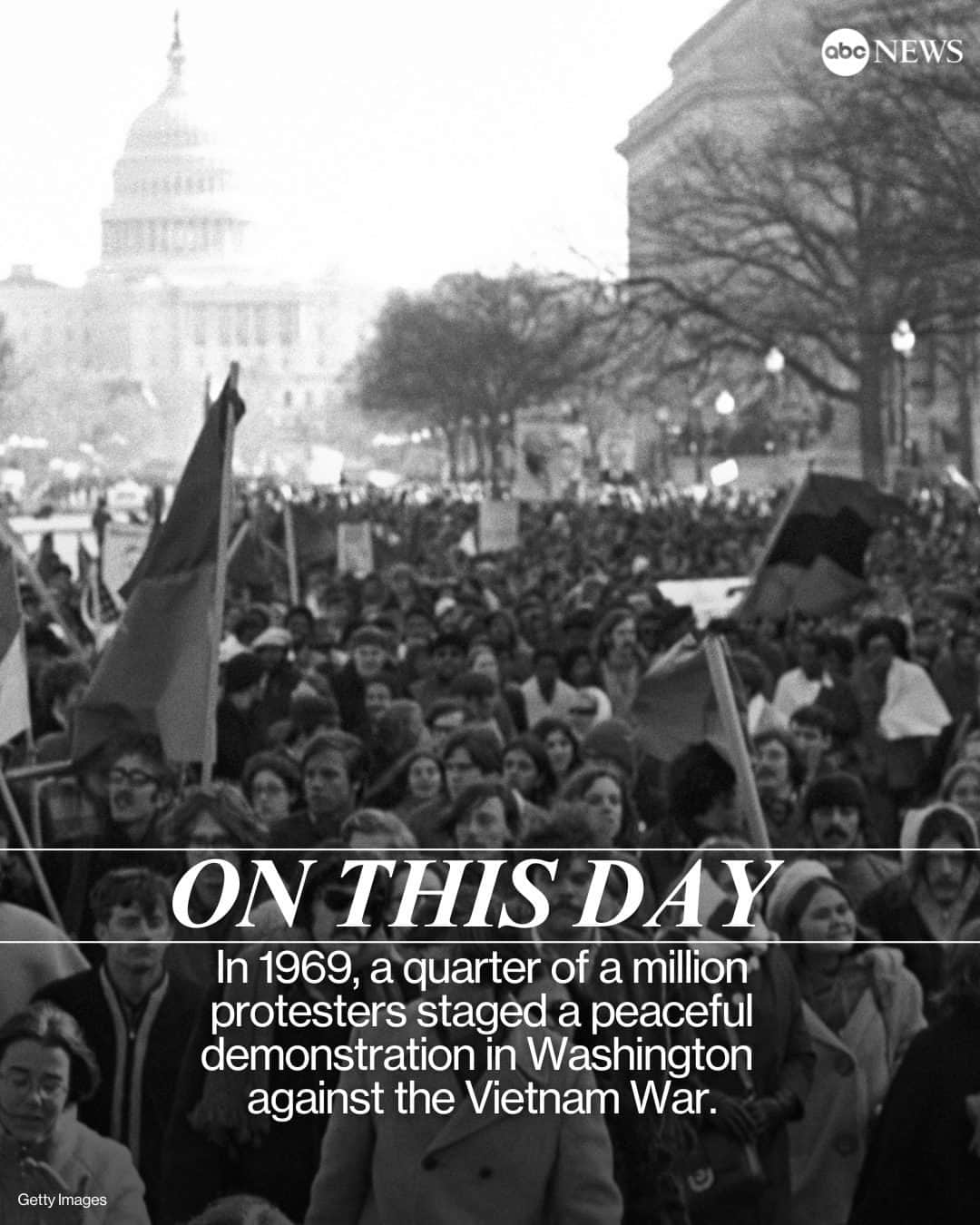 ABC Newsのインスタグラム：「A quarter of a million protesters staged a peaceful demonstration in Washington against the Vietnam War on this day in 1969.   Watch Vietnam POWs reunite at the link in bio.」