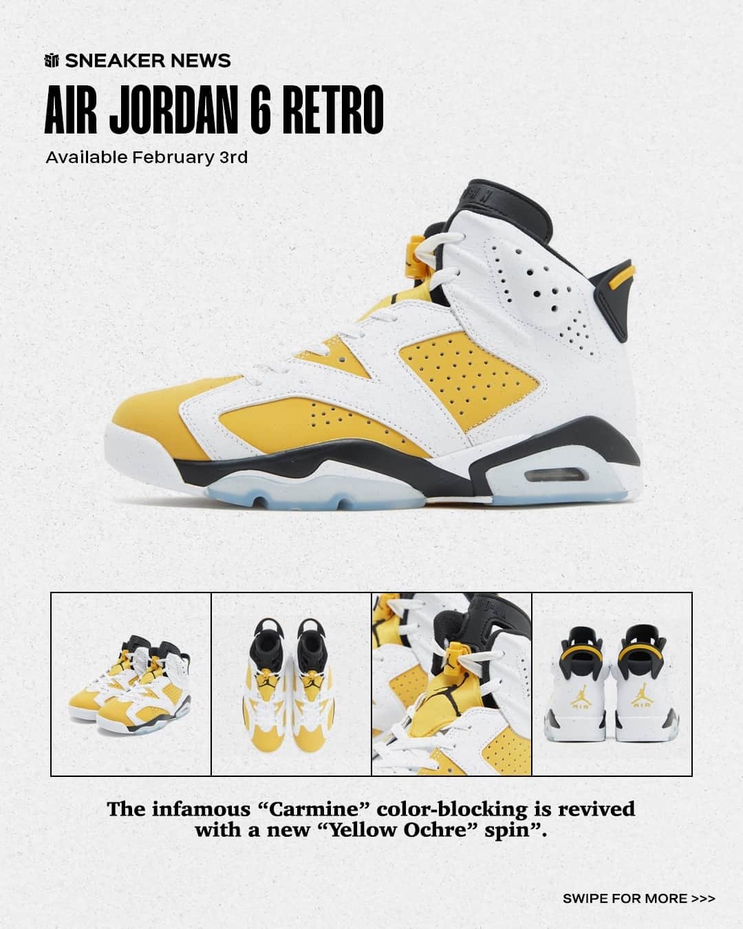 Sneaker Newsのインスタグラム：「COP or PASS: Air Jordan 6 "Yellow Ochre"⁠ Release Date: February 3rd, 2024⁠ LINK IN BIO for a first look at retailer images!」
