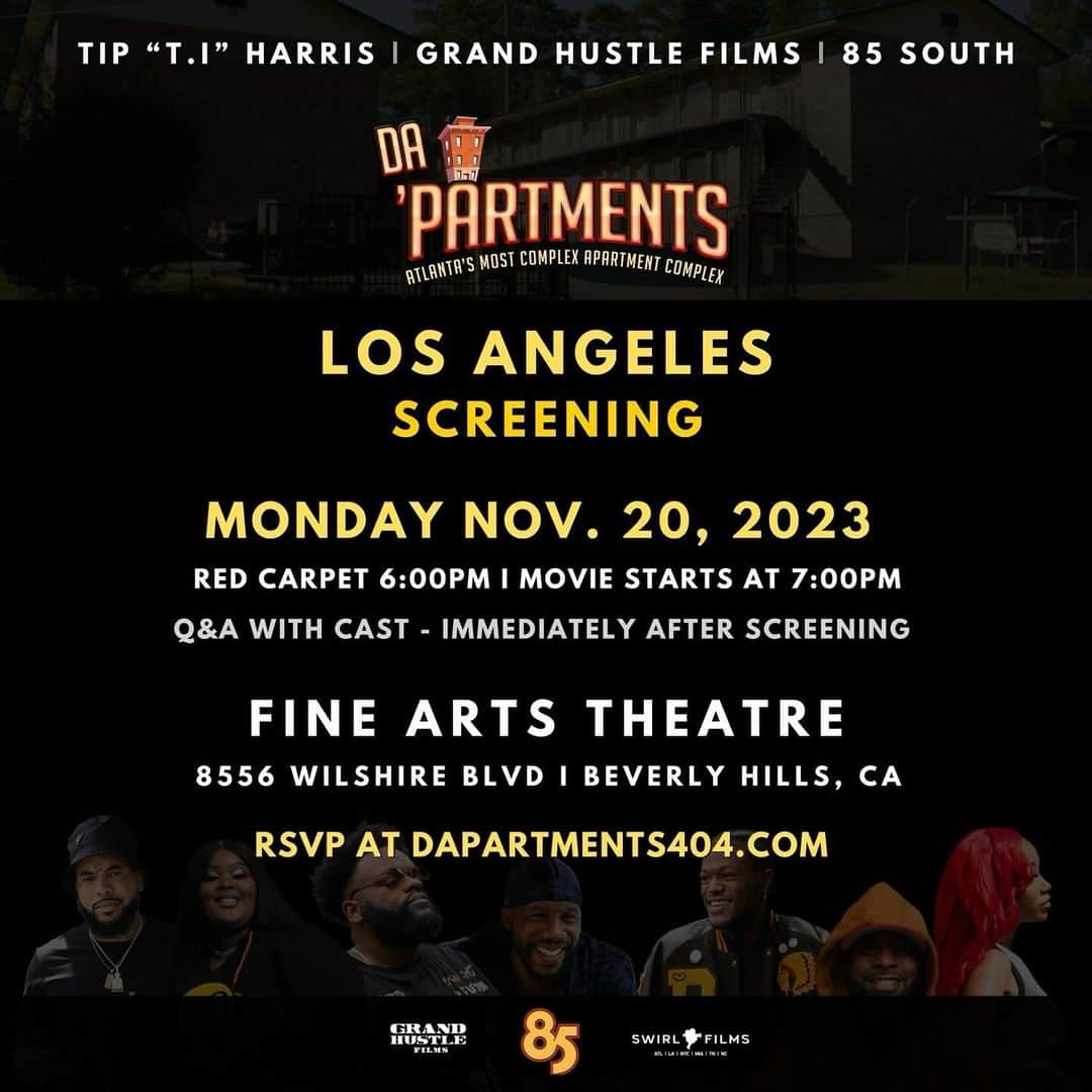 T.I.のインスタグラム：「LA!! Pull up Monday night for a screening of @dapartments404 in LA at The Fine Arts Theatre in Beverly Hills at 6 PM‼️ RSVP at dapartments404.com a lot of special guests will be in da building U DIGGG‼️ 🎟️🎥」