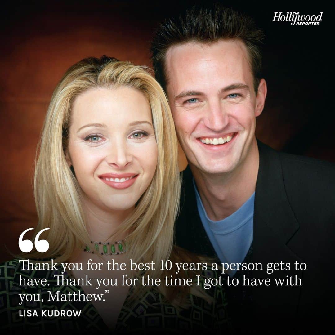 ハリウッド・リポーターのインスタグラム：「#LisaKudrow shared words of thanks to the late #MatthewPerry: ⁠ ⁠ “Thank you for your open heart in a six way relationship that required compromise. And a lot of ‘talking.' Thank you for showing up at work when you weren’t well and then, being completely brilliant. Thank you for the best 10 years a person gets to have. Thank you for the time I got to have with you, Matthew.”⁠ ⁠ For more from Kudrow, click the link in bio.」