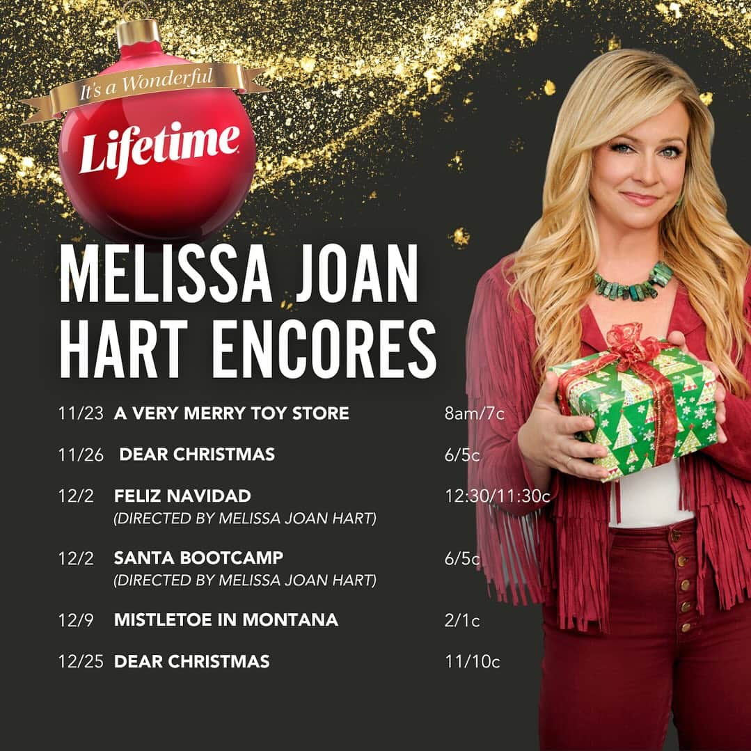 メリッサ・ジョーン・ハートのインスタグラム：「Christmas is coming!! And most of my @lifetimetv movies are back for your enjoyment! Look for #ChristmasInTune and #OnceUponAMainStreet as well (which I produced).」