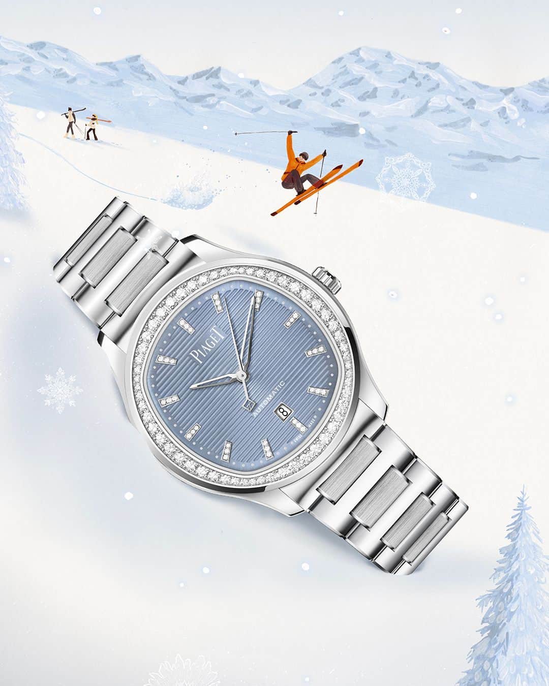 ピアジェのインスタグラム：「The Piaget Polo Date watch is a sleek winter companion. A versatile and beautiful watch with an interchangeable strap and embezzled with beautifully cut diamonds.  Illustration by @yukiko.noritake  #Piaget #MaisonOfExtraleganza #PiagetSociety #Piagetholidays #PiagetPolo」