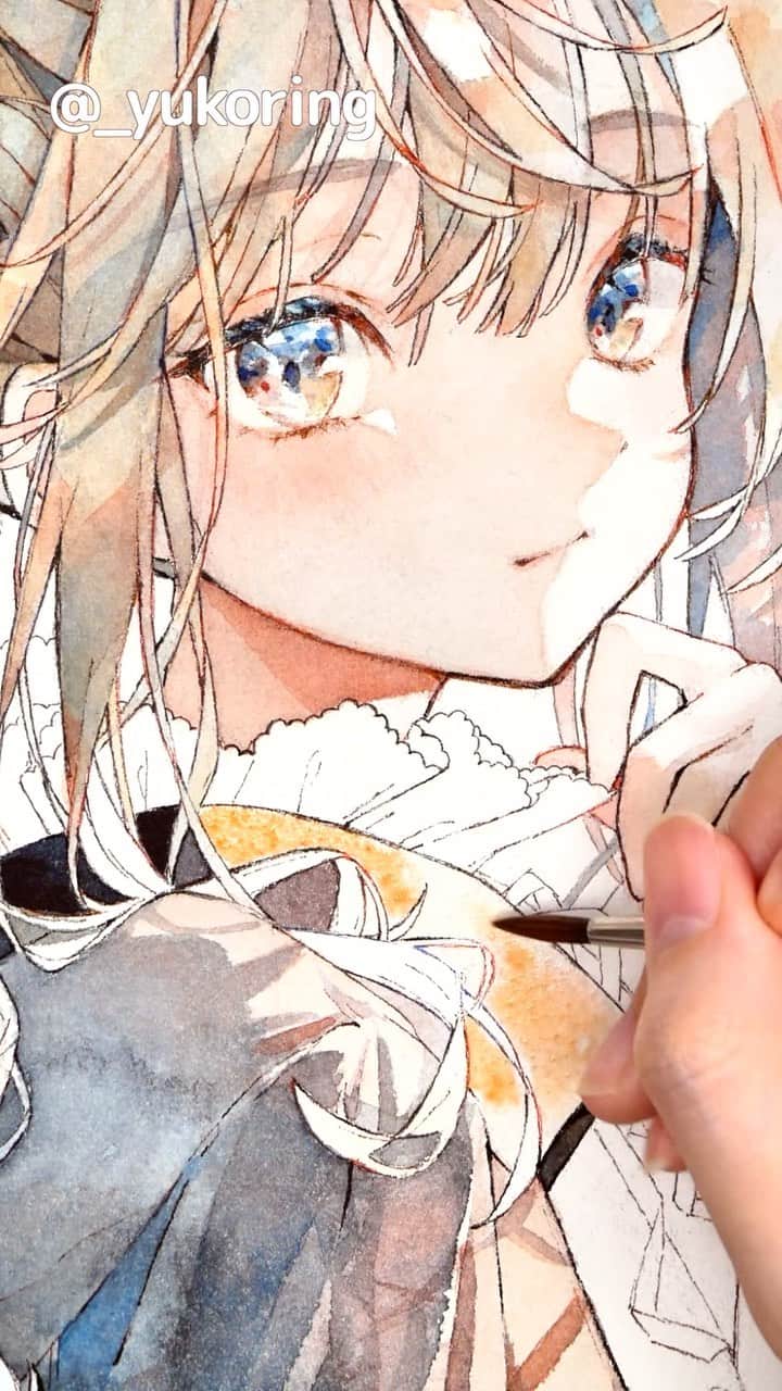 優子鈴のインスタグラム：「＊透明水彩3色塗りメイキング＊  #watercolor #art #illustration #創作 #イラストグラム #透明水彩 #絵描きさんと繋がりたい #アナログイラスト #イラスト #watercolorpainting #watercolorillustration」