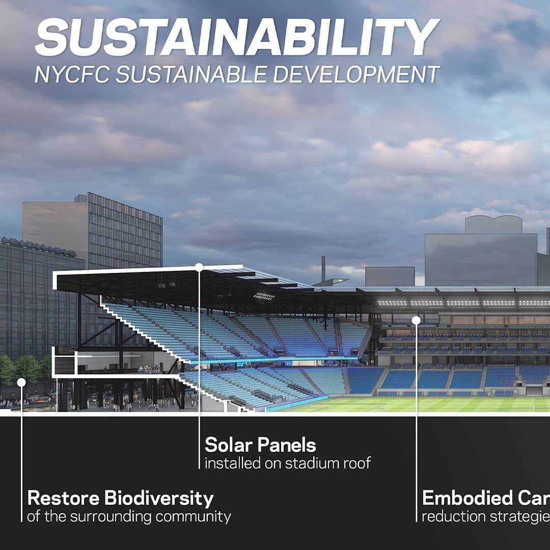 ニューヨーク・シティFCのインスタグラム：「#NYCFC revealed extensive sustainability plans at a local community board meeting in Queens for the Club’s proposed new soccer stadium in Willets Point.  The 25,000-seat stadium would become the first fully electric stadium in @MLS.  Visit the link in bio for more information.」