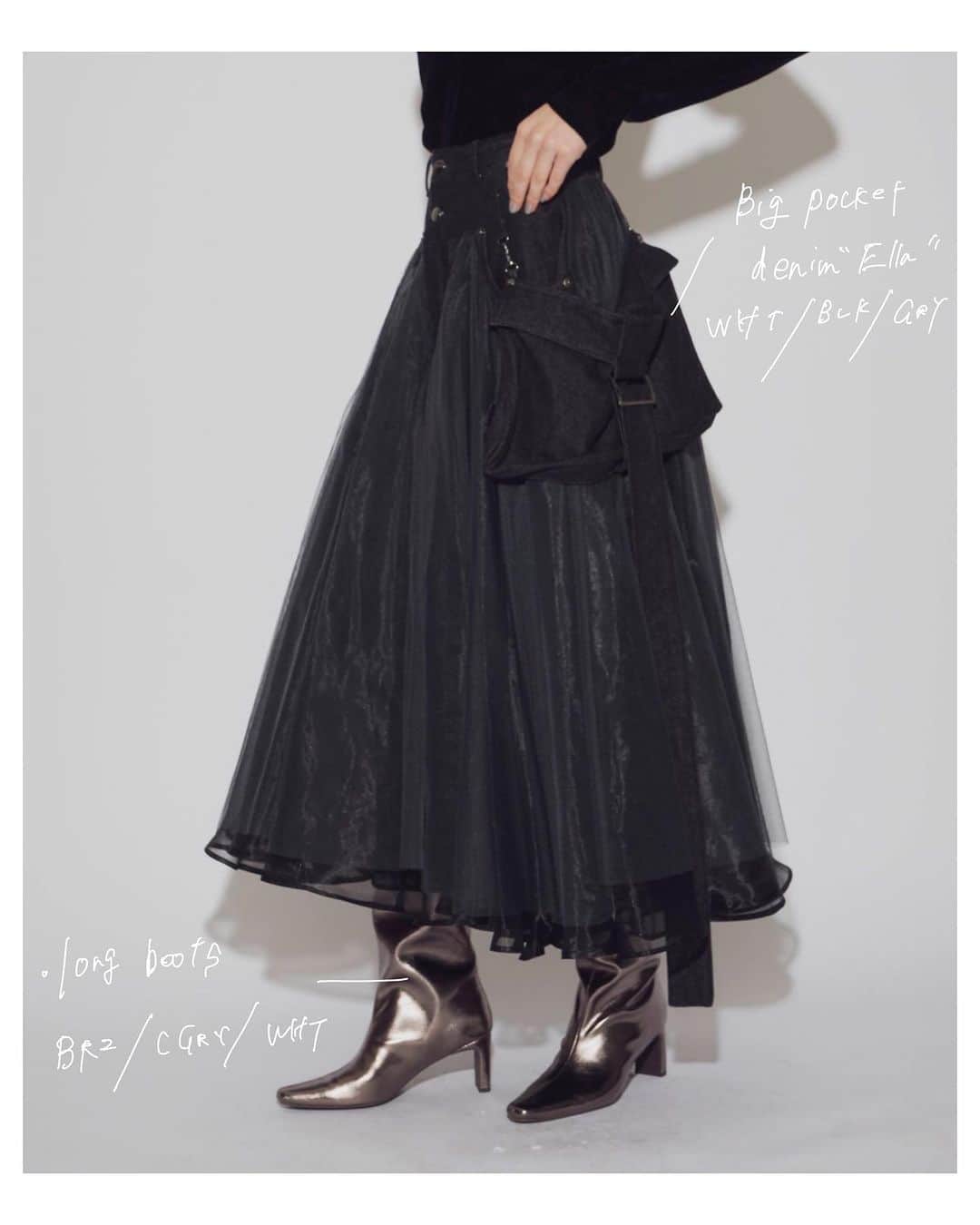 LA BELLE ETUDE OFFICIALのインスタグラム：「.  ✔︎ PRE ORDER  ・BIGポケットデニムELLA ¥24.200 tax in  画像をタップして商品をチェック☑︎  ____________________________________________  𖥣 アイテムのご購入はプロフィール 　のURLよりご覧ください 　↪︎ @labelleetude_official  ____________________________________________  #LABELLEETUDE #ラベルエチュード #Bellevintage #大人甘カジ  #modernvintage #tokyofashion #大人可愛い#大人かわいい#大人ファッション #おとなかわいい #大人コーデ #大人カジュアル  #大人コーデ #PREORDER #高身長コーデ#高身長ファッション#きれいめコーデ #きれいめカジュアル #ボリュームチュールスカート」
