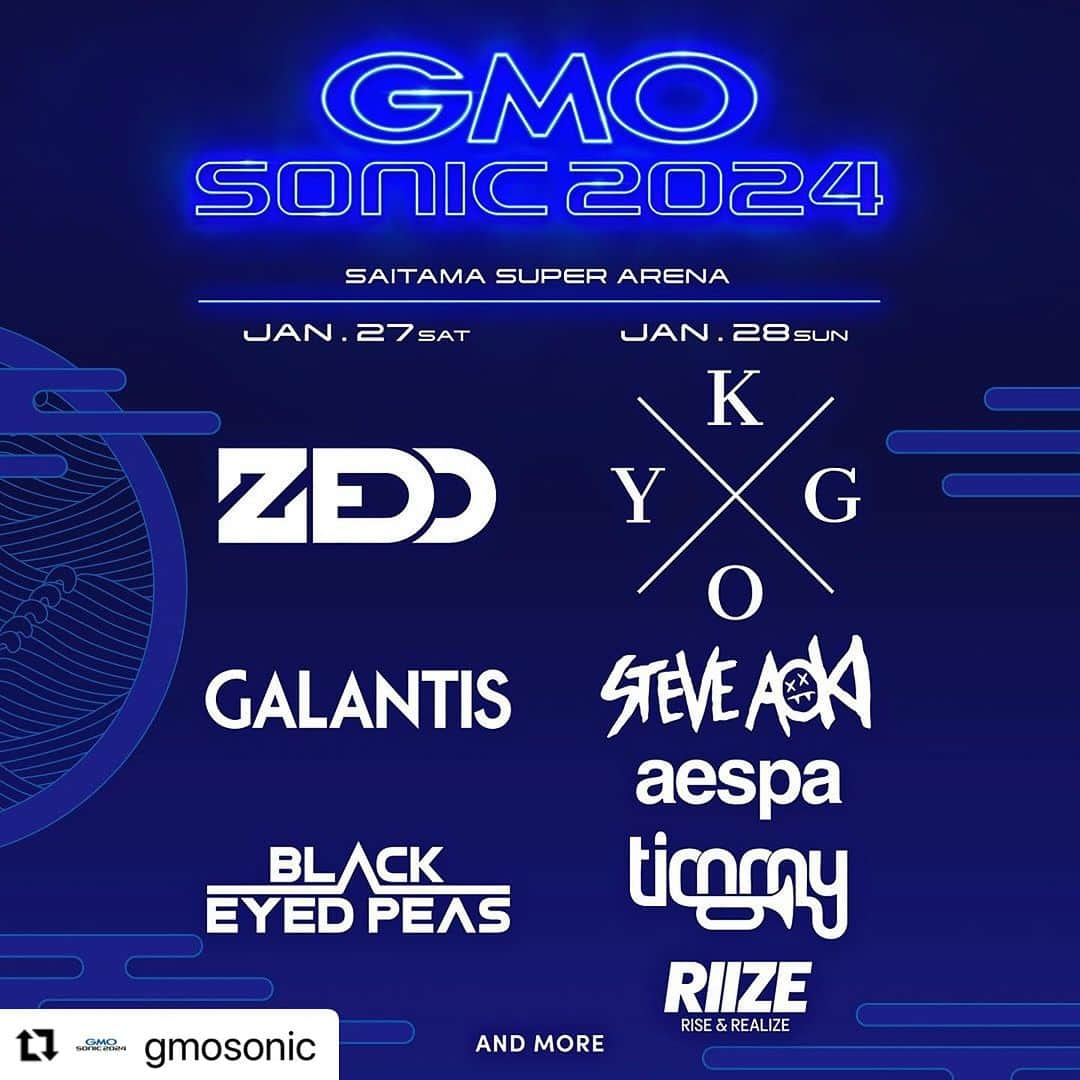 サマーソニックのインスタグラム：「#Repost @gmosonic  ・・・ GMO SONIC第二弾ラインナップ発表！⚡ 今大注目のアーティストがさいたまスーパーアリーナに🙌  GMO SONICで最高の時間を過ごそう💕  ▽チケットのご購入はハイライトから！ プロフィールリンク @gmosonic  【第2弾発表】 GALANTIS（ @wearegalantis ） BLACK EYED PEAS（ @blackeyedpeas ） STEVE AOKI（ @steveaoki ） aespa（ @aespa_official ） ‎Timmy Trumpet（ @timmytrumpet ） RIIZE（ @riize_official ）  GMO SONIC second lineup announced! The hottest artists are coming to Saitama Super Arena! Let's have a great time at GMO SONIC! ▽Tickets can be purchased from the highlights! Profile Link @gmosonic  #zedd #kygo #galantis #blackeyedpeas #steveaoki #aespa #timmytrumpet #riize #GMOSONIC #GMO #GMOソニック #GMOインターネットグループ #GMOInternetGroup  #dj #dance #edm #フェス #音楽フェス #冬フェス#kpop」