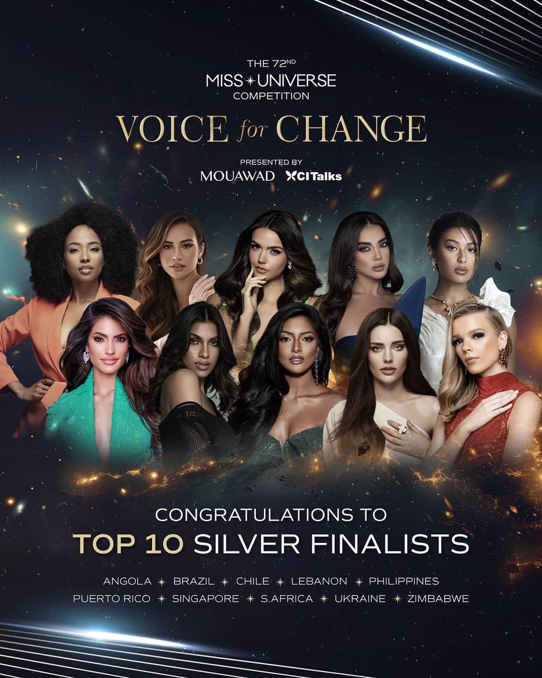 イリス・ミトゥネールのインスタグラム：「🌟✨ Exciting News! 🌟✨ The 72nd Miss Universe Voice for Change presented by @mouawad and @citalksofficial has reached a significant milestone, and we’re thrilled to announce the 10 Silver Finalists who are making waves with their impactful messages! 🎉👏  🌈🌟 Witness their inspiring stories and powerful advocacy by watching their videos on CI Talks - https://citalks.com/videos/series/72nd-miss-universe-voice-for-change   👑✨ Standby for the 72nd Miss Universe 3 Gold Winners, to be revealed during the finals on November 18, 2023! Who do you think will take home the gold? Share your thoughts and join us in applauding these changemakers! 🌟💖   #72ndMISSUNIVERSE #VoiceForChange2023 #Mouawad #CITalks #IgniteChange #ad」