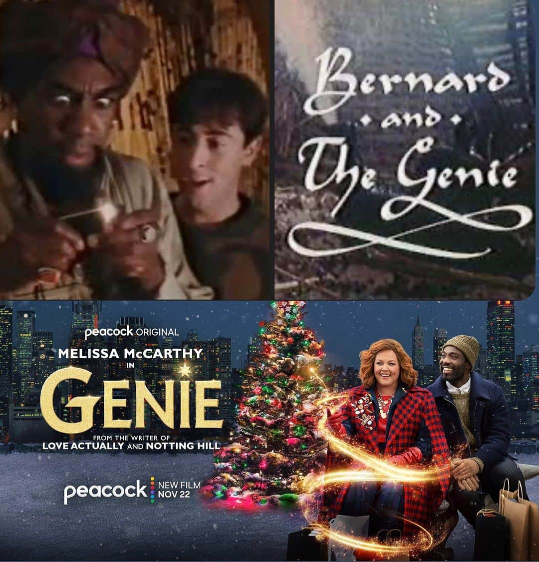 アラン・カミングのインスタグラム：「32 years ago I played Bernard opposite Lenny Henry in Bernard and the Genie, written by the gorgeous Richard Curtis  and directed by Paul Weiland. It was about a young art dealer who gets fired by his evil boss (played by Rowan Atkinson) and then dumped by his girlfriend who moves out leaving him only an empty goldfish tank and an old lamp. When he rubs said lamp…you guessed it…and then the magic begins! 32 years later the story is being told again, this time Sam Boyd directs Richard’s script with Melissa McCarthy as the titular Genie and Paapa Essiedu as Bernard. I now play the evil boss! That’s showbiz folks. Oh, and Paapa was born 32 years ago! That’s also showbiz! #geniemovie streams on @peacock from November 22nd!」