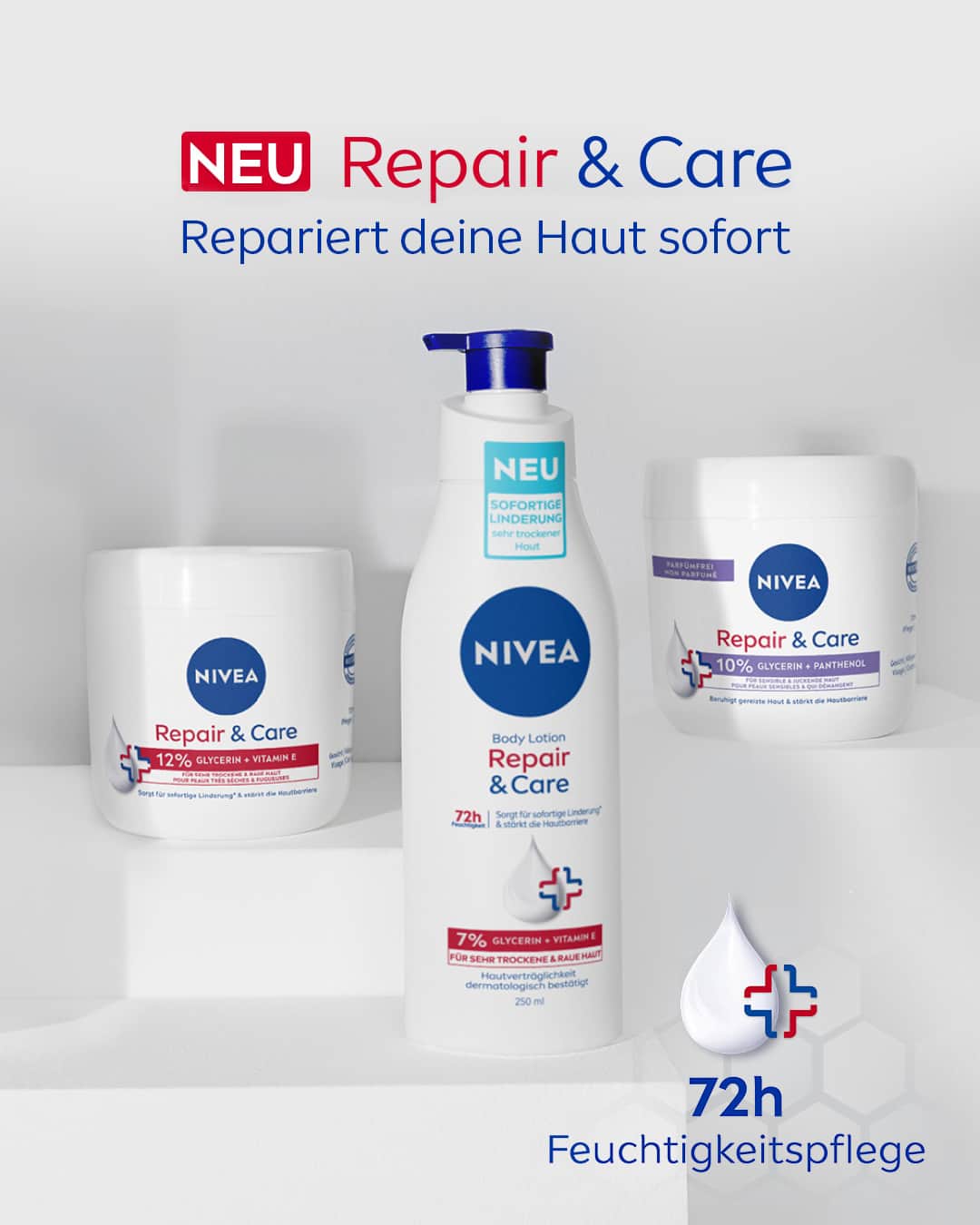 NIVEA Deutschlandのインスタグラム：「Entdecke die neuen, hochwirksamen NIVEA Repair & Care Pflegeprodukte für Gesicht, Körper und Hände! 🌟 Speziell entwickelt für geschädigte Haut, bieten sie sofortige Linderung von Juckreiz und Spannungsgefühlen. 💙💆‍♀️ Welches Produkt ist dein Favorit?  #NIVEA #Bodycare #BodyLotion #DrySkin #Körperpflege」
