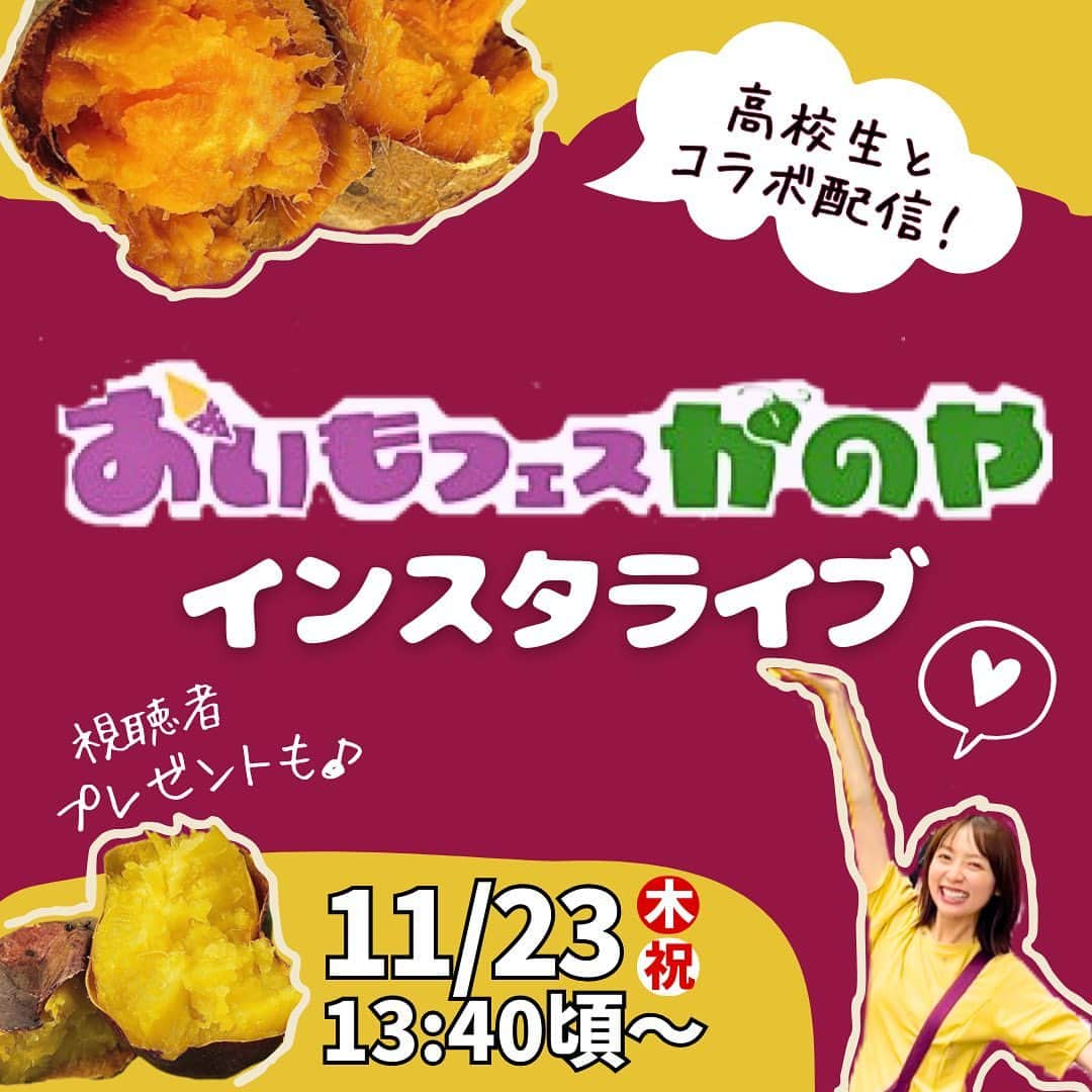 鳥越佳那のインスタグラム：「🍠11月23日(木)13:40頃～ 「おいもフェスかのや」会場から 高校生とコラボ配信します☺️🎤  いよいよ来週💡 待ちに待った 鹿屋市農業まつり＆おいもフェス💛🧡 @oimofes_kanoya  今年は 地元高校生とのコラボ企画が盛りだくさんです✨  🍠この日限定！おいもグルメ販売 🍠高校生デザインの公式グッズ 　　(Tシャツ・エコバッグ)販売 🍠おいもがテーマのフォトブース　などなど  \\おいもフェスかのや×地元高校生// で盛り上げてくれます🥰✨  さらに！ この限定グッズを 視聴者の方にもプレゼント予定🤭🎁✨  遠くにいる方も サツマイモの本場鹿児島・鹿屋の熱気を 感じていただきたいです🍠  LIVE中にコメントもお待ちしています😌 一緒においもフェスかのやを盛り上げましょう～🥰  ＝＝＝＝＝＝＝＝＝＝ 鹿屋市内のおいもグルメも集結🍠 詳しくは「おいもフェスかのや」の Instagramをご覧ください♪ @oimofes_kanoya  ＝＝＝＝＝＝＝＝＝＝ . . #鹿児島県 #鹿屋市 #かのや  #大隅半島 #visitosumi #農業 #さつまいも #さつまいもスイーツ #鹿屋市農業まつり  #おいもフェス #おいもフェスかのや #鹿屋スイーツ #かのやグルメ #地域おこし協力隊 #かのやPRレポーター  #さつまいもアナウンサー  〜〜〜〜〜〜〜〜〜〜 \\おいものまちかのやの魅力を発信// YouTube『かないも日和』は @kana_torigoe プロフィールから🐥💕 チャンネル登録＆高評価よろしくお願いします☺️ 〜〜〜〜〜〜〜〜〜〜」