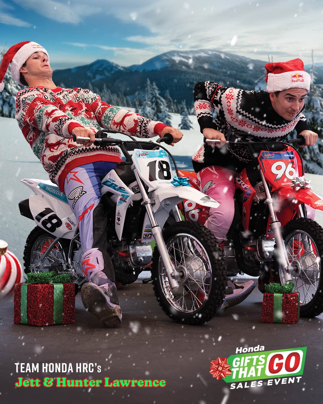 Honda Powersports USのインスタグラム：「It’s #GiftsThatGo season again, and this year all new CRF50F and CRF110F trail bikes get @throttlejockey Team Honda Racing-replica graphics. 🤘🎁   Certain exclusions apply.」