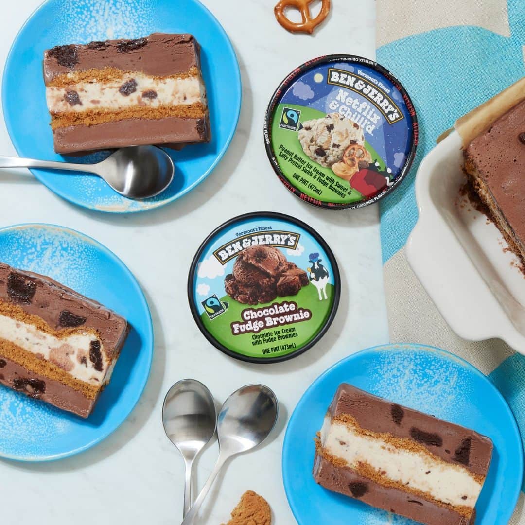 Ben & Jerry'sのインスタグラム：「Pro tip: Make these Ice Cream Slices with two contrasting flavors to get that totally Instagrammable stripe effect. Perfect for Thanksgiving! Recipe at the link in our bio.」