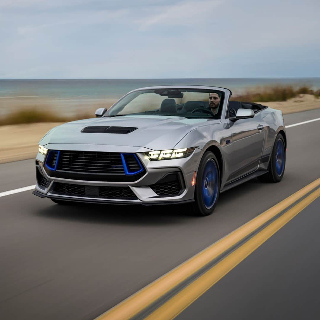 Fordのインスタグラム：「The Ford Mustang® GT California Special is back, bringing Golden State vibes wherever you ride. Featuring vibrant Rave Blue accents that highlight the flowing lines of the iconic model.」