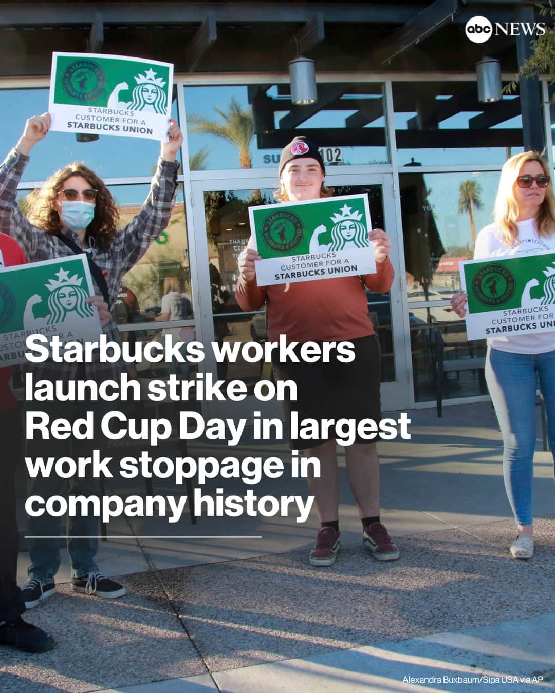 ABC Newsのインスタグラム：「Thousands of Starbucks employees nationwide are walking off the job Thursday in the largest work stoppage in the five-decade history of the company, the union representing the workers said in a statement to @abcnews.  Employees at hundreds of unionized stores are calling on Starbucks to bargain labor contracts that would set conditions about pay, benefits and staffing levels, at those workspaces, Starbucks Workers United said.  The strike coincides with "Red Cup Day," an annual promotion that brings many customers to the company's stores for a free holiday-themed reusable cup. Read more at the link in bio.」
