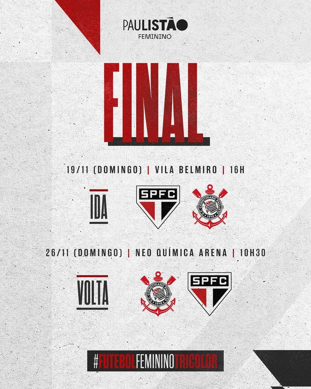 São Paulo FCさんのインスタグラム写真 - (São Paulo FCInstagram)「É DECISÃO!  🏆 @paulistaofeminino   ⚽️ São Paulo 🆚 Corinthians  🏟️ Vila Belmiro 🗓️ 19/11/2023 ⏰ 16h 🎟️ Entrada gratuita (ingressos em link nos stories)  ⚽️ Corinthians 🆚 São Paulo 🏟️ Neo Química Arena 🗓️ 26/11/2023 ⏰ 10h30  #FutebolFemininoTricolor #VamosSãoPaulo 🇾🇪」11月17日 3時13分 - saopaulofc