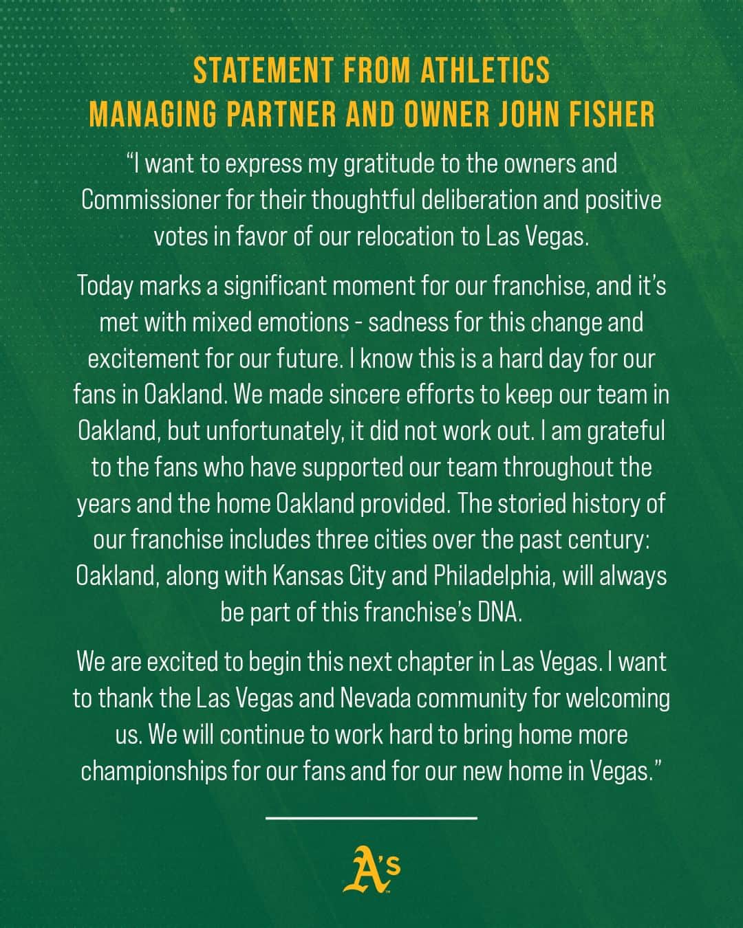 オークランド・アスレチックスのインスタグラム：「Major League Baseball owners today approved the relocation of the #Athletics to Las Vegas.  atmlb.com/AthleticsPressReleases」