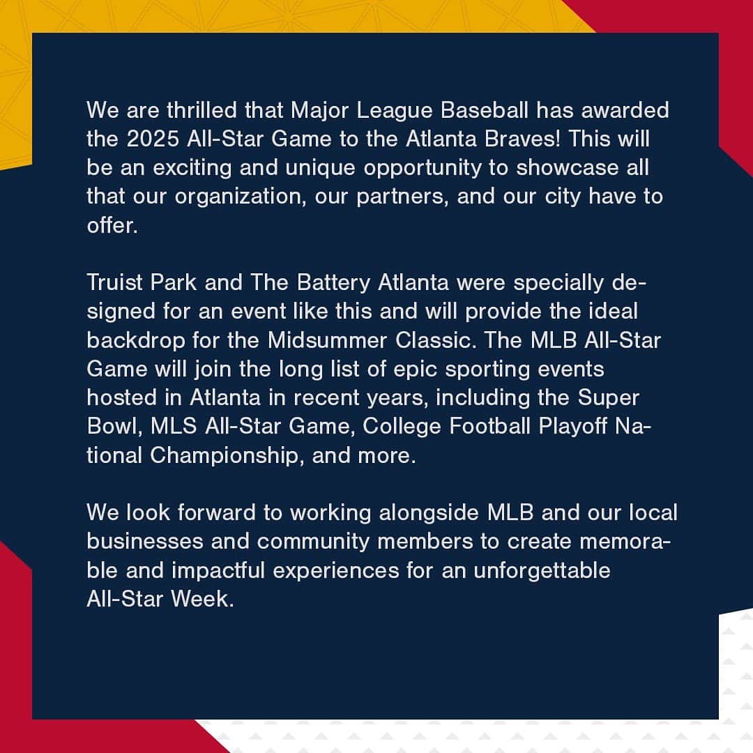 アトランタ・ブレーブスのインスタグラム：「The Atlanta Braves have been awarded the 2025 MLB All-Star Game!」