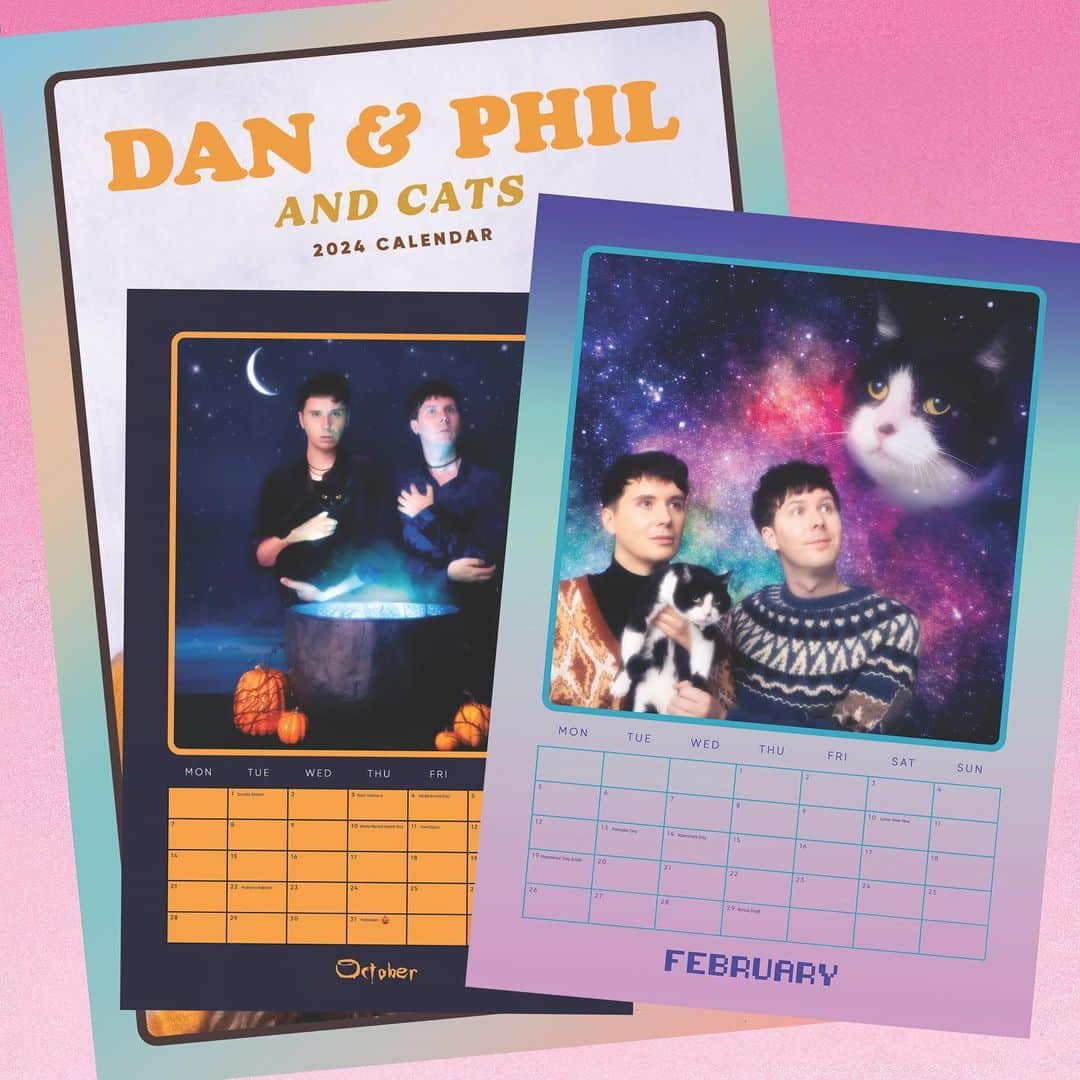 ダニエル・ハウウェルさんのインスタグラム写真 - (ダニエル・ハウウェルInstagram)「presenting: the Dan and Phil and Cats 2024 Calendar  12 months of dreamy retro photos with a selection of beautiful felines - bless your wall for the coming year with this celebration of ugly sweaters, awkward poses and cute killer kitties.  available now on danandphilshop.com 🌍 / us.danandphilshop.com 🌎  photography by the incredible @lindablacker and designed by @divine.gnosis」11月17日 4時02分 - danielhowell