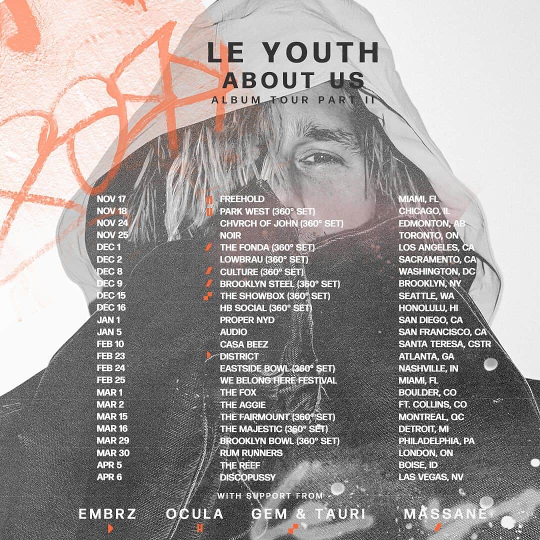 ル・ユースのインスタグラム：「happy to announce part II of the 𝗔𝗕𝗢𝗨𝗧 𝗨𝗦 tour! hitting some of my favorite cities this time around. can’t wait to make more memories with you  (the 360° shows are particularly special to me. these shows I’ll be playing in the middle of the room, face-to-face with you.. it’s what the 𝗔𝗕𝗢𝗨𝗧 𝗨𝗦 concept is all about and I’m bringing it to as many venues as I can)  tickets on sale tomorrow 10am local time   xx」