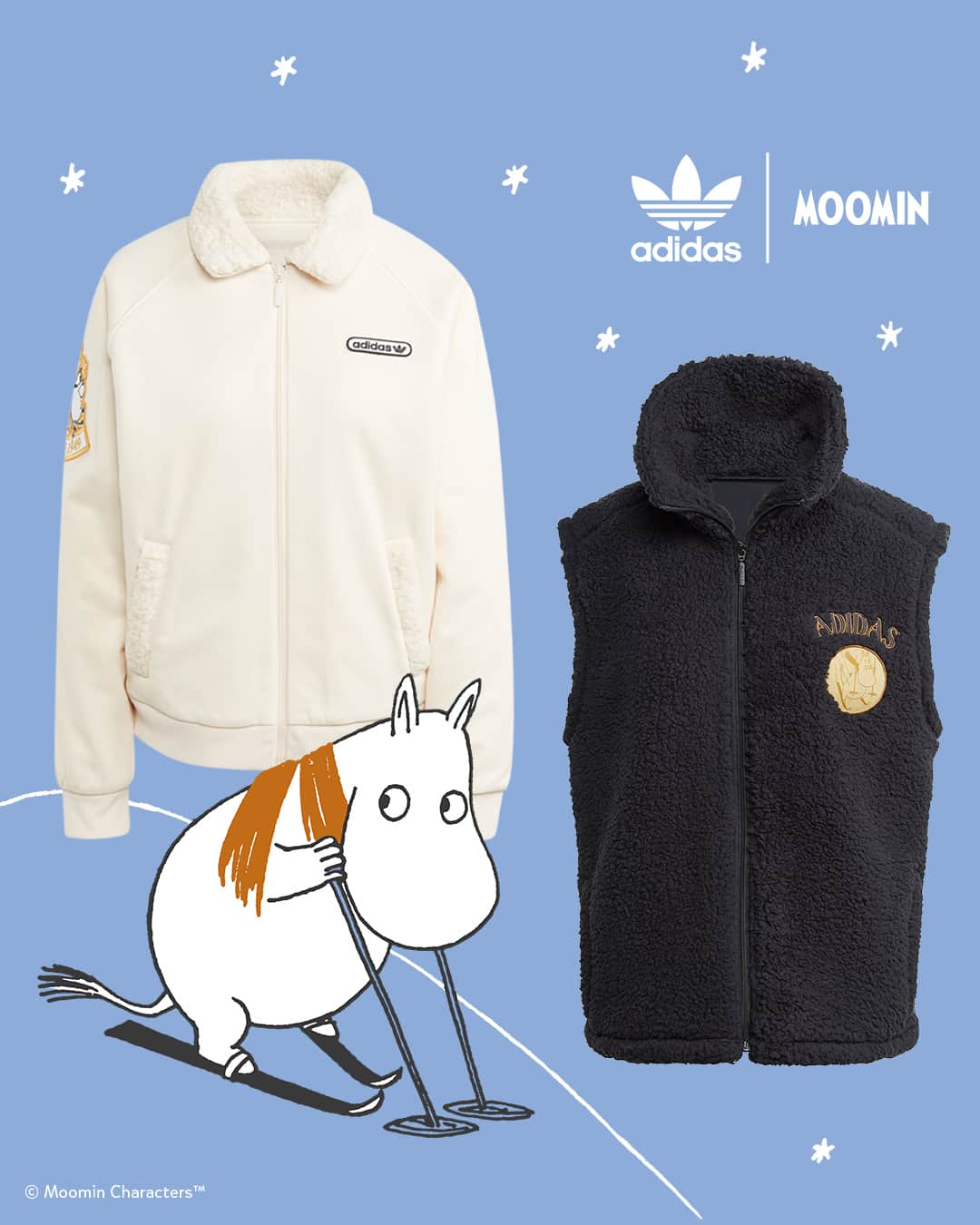 のインスタグラム：「A new adidas Originals x Moomin collection is out! 🌟 The second collection of the collaboration combines iconic adidas references and the adventurous spirit of Moomintroll - read more through the link in bio! 🔗 🤗   Including a T-shirt, a fleece vest, a fluffy waist bag, socks, and comfy sweatshirts and pants, the collection features illustrations of a wintry Moomintroll from Tove Jansson’s comic Moomin’s Winter Follies (1955).  The new apparel is available now in selected countries! ✨   Do you have any adidas x Moomin apparel yet? 😍   #moomin #moominofficial @adidas」
