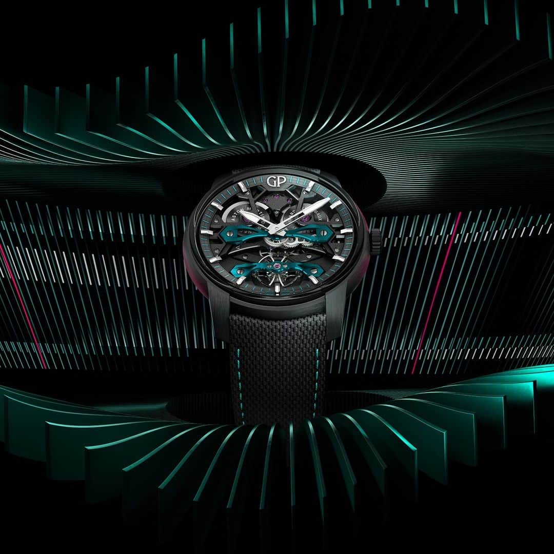 ジラールペルゴのインスタグラム：「NEW WATCH ALERT: #NeoBridgesAstonMartin Edition. #GirardPerregaux and @astonmartin share an exciting history of collaboration. Now, we have joined forces once again to reveal an assertive timepiece with unparalleled mechanical capabilities.」