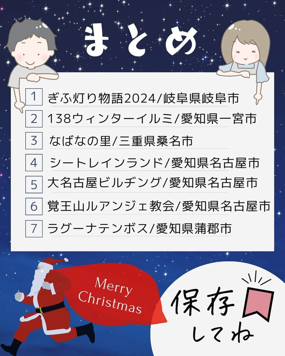 ぴち家さんのインスタグラム写真 - (ぴち家Instagram)「. お得を極めて旅に生きる夫婦、 ぴち家（@travelife_couple）です。 ⁡ 今回は、愛知近郊　イルミネーション特集です☺️ ⁡ みんなが好きなのは 一面広がる広大なイルミネーション？ それともプロジェクションマッピングなどの最先端の技術？😊 ⁡ 今年はどこに行こうか考えるだけでも ワクワクしてるぴち家です😊 ⁡ 行く際の参考になれば嬉しいです😊 ⁡ 【𝕚𝕟𝕗𝕠𝕣𝕞𝕒𝕥𝕚𝕠𝕟𓏗𓏗】 ❶ ぎふ灯り物語　2024 📍  岐阜県岐阜市大宮町１丁目(岐阜公園) 　　岐阜県岐阜市大仏町８(正法寺) ⁡ ❷ 138ウィンターイルミ　2023 Smileつながる笑顔 📍 愛知県一宮市光明寺浦崎２１−３ ⁡ ❸ なばなの里 📍 三重県桑名市長島町駒江 漆畑270 ⁡ ❹ シートレインランド 📍 愛知県名古屋市港区西倉町１−５１ ⁡ ❺  大名古屋ビルヂング　スカイガーデン 📍  愛知県名古屋市中村区名駅３丁目２８−１２ ⁡ ❻ 覚王山ル・アンジェ教会 📍 愛知県名古屋市千種区御棚町３丁目２６ ⁡ ❼ ラグーナテンボス 📍 愛知県蒲郡市海陽町２丁目3−１ ⁡ ⁡ ⁡ ※写真は過去のものです ⁡ ⁡ ーーーーーーーーーーーーーーーーーー✽ ⁡ ぴち家（@travelife_couple）って？ ⁡ バン🚐で旅してホテルやスポット巡り！ お得旅行が大好きな夫婦です。 ⁡ ✔︎旅行先やホテル ✔︎観光スポット・グルメまとめ ✔︎旅費を作るためのお金の話　を発信中𓂃𓈒𓏸 ⁡ ⁡ また本アカウント以外にも、以下を運営しております。 少しでも役立ちそう、応援してもいいと思って 頂ける方はフォローよろしくお願いしますˎˊ˗ ⁡ 📷日常・写真メインの旅行情報 →@travelife_diary （フォロワー4万超） ⁡ 🔰初心者必見のお金・投資情報 →@yuki_moneylife （フォロワー10万超） ⁡ 🎥旅行ムービー発信のTiktok → @ぴち家（フォロワー2.5万超） ⁡ 【テーマ】 「旅行をもっと身近に✈️」 これまで厳しい状況が続いてきた旅行・飲食業界を盛り上げたい！ より多くの人にワクワクする旅行先を知って もらえるよう、またお得に旅行が出来るよう、 夫婦二人で発信を頑張っています。 　 【お願い】 応援して頂けるフォロワーの皆様、及び 取材させて頂いている企業様にはいつも感謝しております！🙇‍♂️🙇‍♀️ お仕事依頼も承っておりますので、 応援頂ける企業・自治体様はぜひ プロフィールのお問合せよりご連絡お願いします。 ⁡ ぴち家(@travelife_couple) ⁡ ✽ーーーーーーーーーーーーーーーーー ⁡ #おすすめスポット #デートスポット #イルミネーション #冬デート #プロジェクションマッピング #岐阜 #ぎふ灯り物語 #岐阜和傘 #岐阜提灯 #愛知 #138タワーパーク #138ウィンターイルミ #一宮タワー #三重 #なばなの里 #光のトンネル #シートレインランド #夜の遊園地 #大名古屋ビルヂング #スカイガーデン #覚王山ルアンジェ教会 #クリスマス礼拝 #ラグーナテンボス」11月16日 20時13分 - travelife_couple