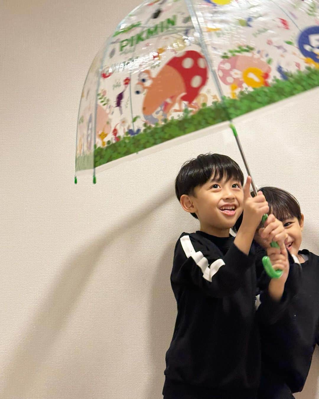Rienaのインスタグラム：「・ 普段子供達、傘を使う機会が滅多になくて 子供用の傘が必要なタイミングがなかったのだけど、 この間お買い物に行ったらこれがどうしても欲しいと懇願されて買ってあげたら、毎日この調子🤭😂  記念に写真を撮ろうと思って撮ったはいいけど、 まともな写真が撮れるわけもなく...🥴🫠🥱  2歳差ボーイズ  今日も元気であります🫡🫡🫡  #Riena#2歳差育児#男の子ママ#ピクミン」