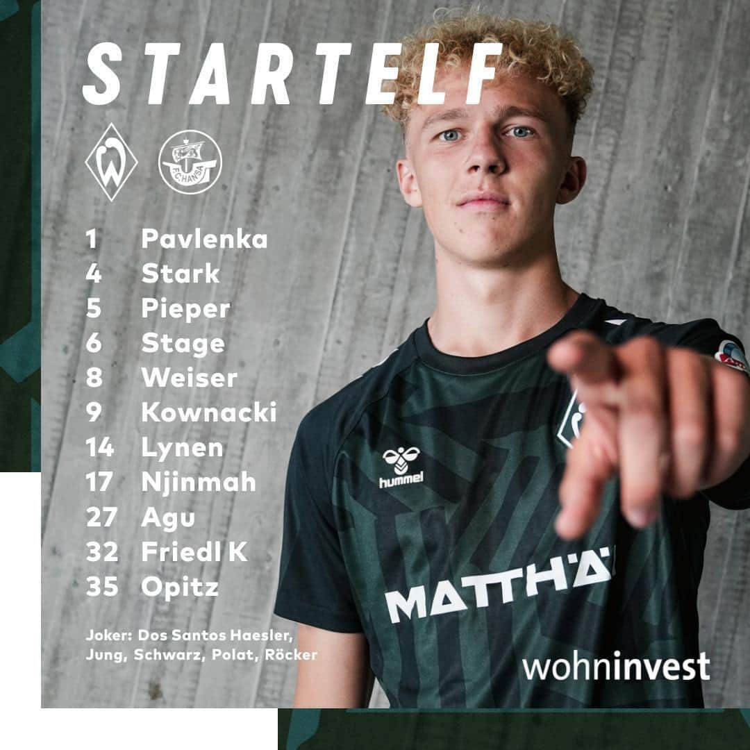 ヴェルダー・ブレーメンのインスタグラム：「Auch im Testspiel alles geben!💚  So sieht unsere Startelf für das Duell gegen Hansa Rostock aus💪  ____ #werder #bremen #svw #llgw #svwfch」