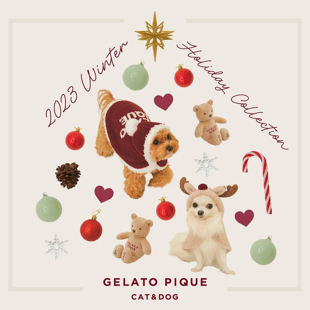 ジェラートピケのインスタグラム：「【NEW ARRIVAL】  ＼GELATO PIQUE CAT&DOG／  2023 Winter HOLIDAY COLLECTION🎁🌲🎅  クリスマスムード満点！ サンタクロースやトナカイがモチーフの新作が登場。ポンチョタイプのウェアは着脱がしやすく、ゆったりとした着心地なので幅広い体型に対応。クリスマスルックの愛犬と共に、ステキなホリデーをお過ごしください。  ハートアランハイネックプルオーバーは @usagionline 限定アイテム！  ★一部店舗取扱 ・表参道ヒルズ店 ・ルミネエスト新宿店 ・アトレ恵比寿店 ･玉川高島屋S･C店 ・東京ソラマチ店 ・みなとみらい東急スクエア店 ・ラゾーナ川崎プラザ店 ・グランツリー武蔵小杉店 ・イオンレイクタウン kaze店 ・柏高島屋ステーションモールS館店 ・ららぽーとTOKYO-BAY店 ・ららぽーと愛知東郷店 ・名古屋MOZO店 ・ルクア大阪店 ・ららぽーとEXPO CITY店 ・ららぽーと堺店 ・西宮ガーデンズ店 ・ららぽーと福岡店 ・アミュプラザ鹿児島店  #gelatopique #ジェラートピケ #gelatopique_cat_dog #ジェラートピケキャットドッグ #dogwear #ドッグウェア #dog #cat #キャット #サンタ #トナカイ #ポンチョ #クリスマス #ギフト @gelatopique_official」