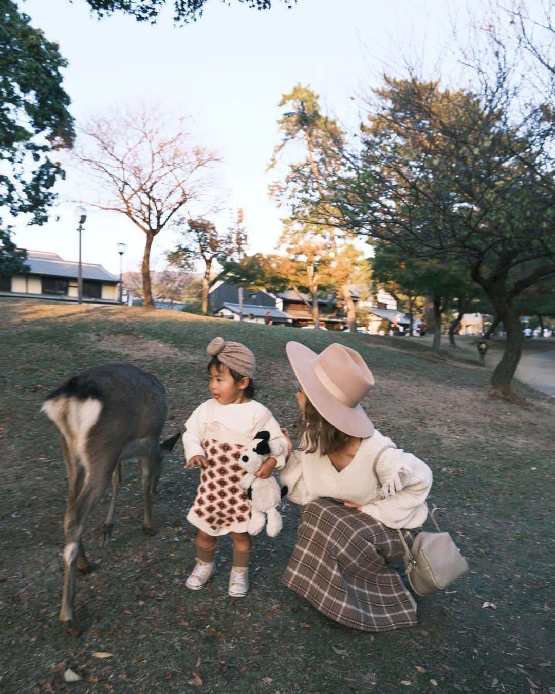 AYAさんのインスタグラム写真 - (AYAInstagram)「_ 動物大好きやから奈良公園の鹿🦌に どうしても会わせてあげたくて、 日没ギリギリやったけど滑り込みで🚗  家の近くの川にたまに降りてきたりするから 赤ちゃんの時からお散歩の時とかたまに見てきたけど こんなに近くで見るのは初めて。  大型犬とかも触れるようになったし きっと怖がらへんやろなと思ったけど 見た瞬間「鹿さーん！」って呼びながら 普通に近づいてよしよしして触ってたし 普通に餌あげてて ほんまに爆笑した😂😂😂  歩いていく🦌をゆっくり後ろから 見守るように着いて行ってみたり 鹿が食べようとして落としたどんぐりを 「落としたよ〜」って拾って 食べさせてあげたり、 優しくて接することが出来ていて感動しました🥺  私も動物大好きやから、 動物好きに育ってくれて本当に嬉しい🌼  次はもっとゆっくり行こうね。  動物は大丈夫やのに喋りかけりる 観光の方には人見知りしていた詩珠でした🤫  #詩珠diary」11月16日 21時43分 - a.y.hana_12o6