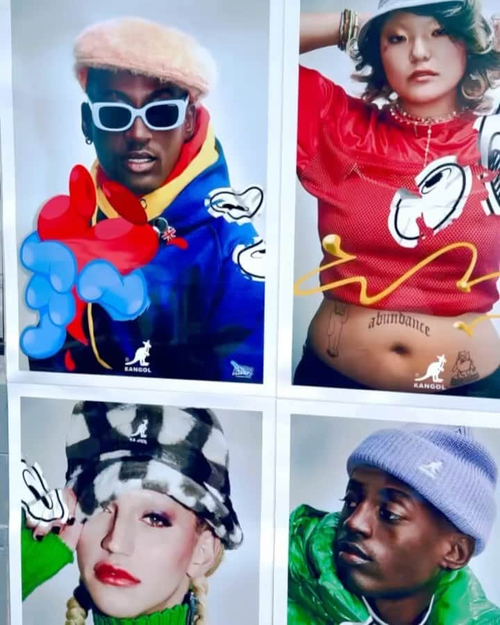 更井真理のインスタグラム：「My campaign is in Tokyo❤️‍🔥🦘🦘🦘 @kangol_headwear  Photo📸by Me @saraimari724  Art Work Special Collaboration @coinparkingdelivery_art   If you find ads, please send me ❤️ #85thanniversary #kangol #kangolhat #wheatpaste」